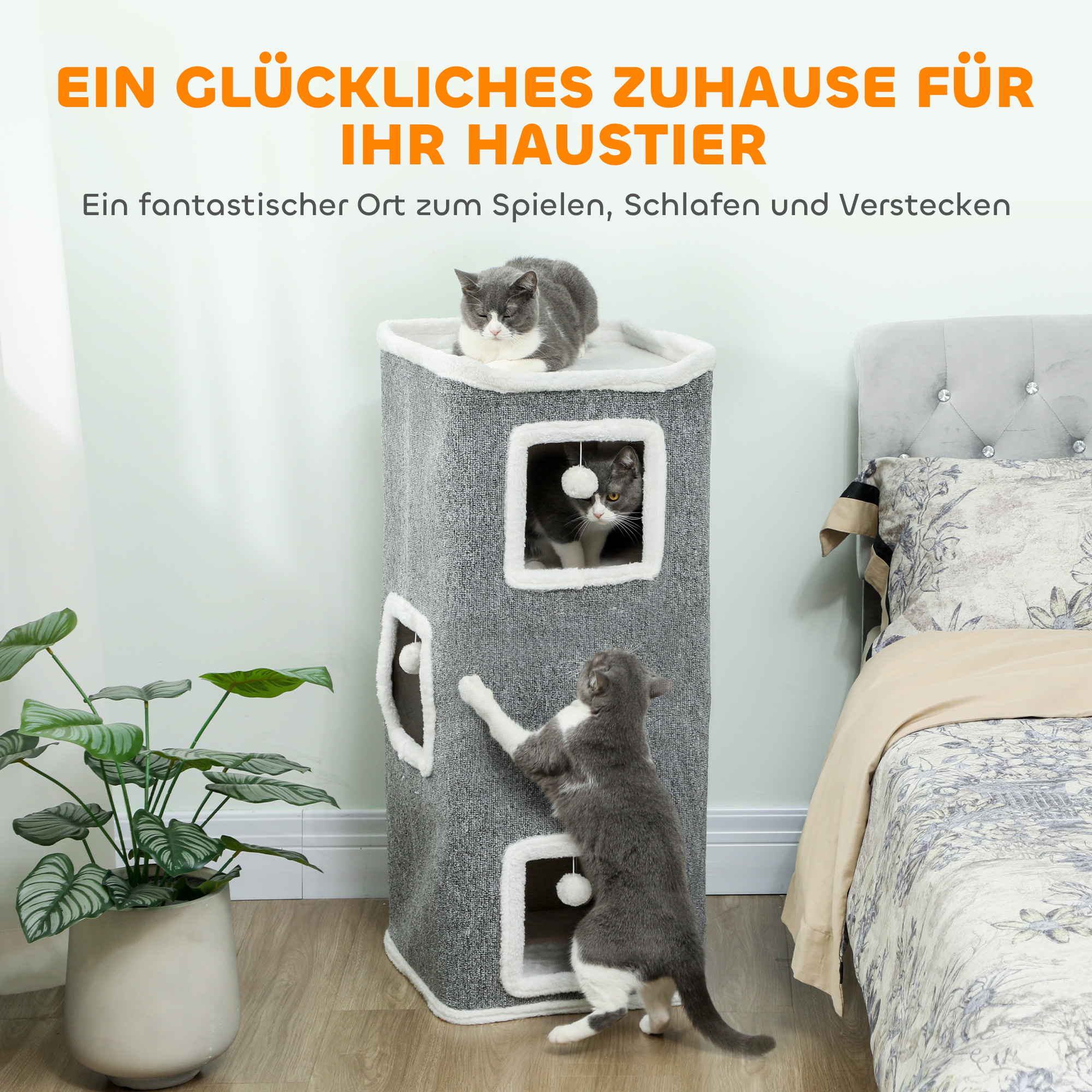 4-stufiger Katzenturm, Kratzbaum mit 3 Höhlen, Spanplatte, Spielbälle, Grau