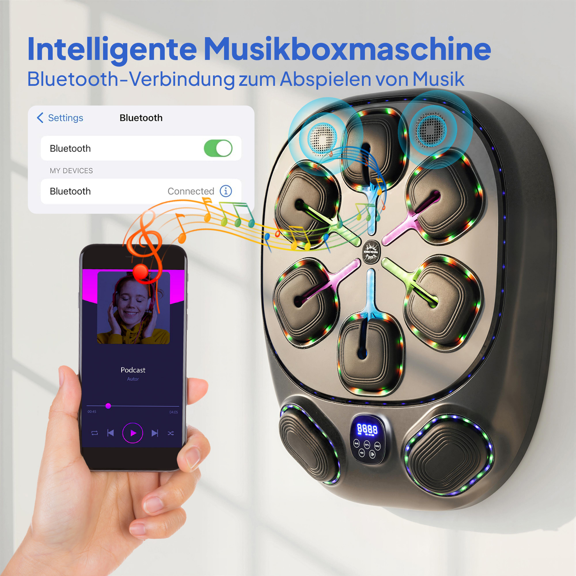 Music Boxing Machine, elektronische LED Boxmaschine mit Doppel Schlagzonen Bluetooth Handschuhen 9 Geschwindigkeit