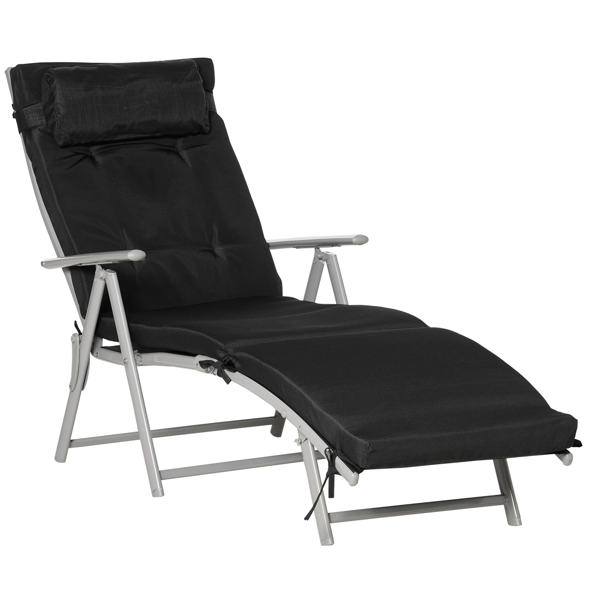 Sonnenliege klappbar Strandliege mit Kopfkissen Sitzkissen Liegestuhl mit 7-Fach verstellbare Rückenlehne Gartenliege Relaxliege bis 165 kg belastbar, für Garten Urlaub Outdoor, Schwarz