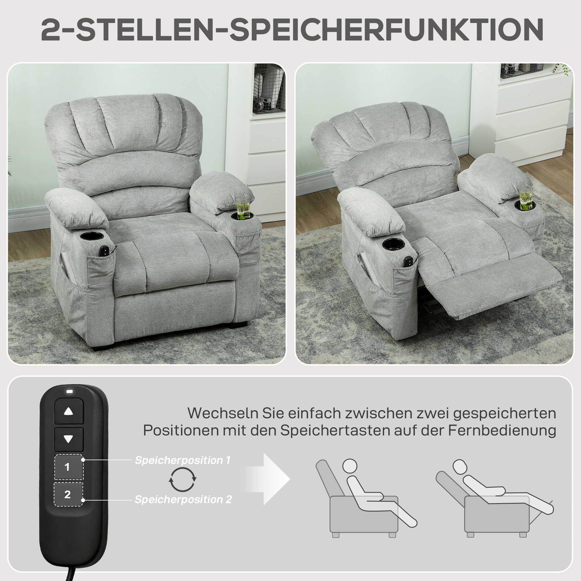 Relaxsessel Elektrisch Fernsehsessel mit Liegefunktion, USB, Getränkehalter, 2 Memory-Positionen für Wohnzimmer, Grau