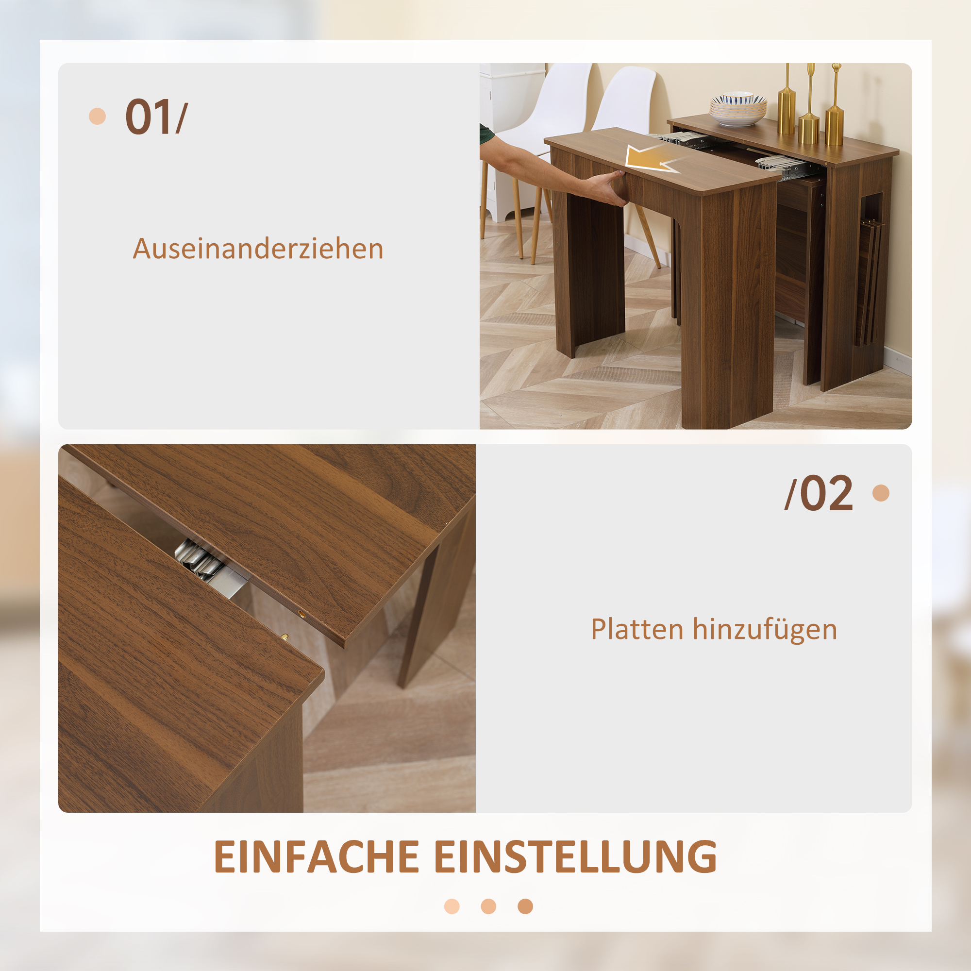 ausklappbarer Esstisch, ausziehbarer Esstisch  Esstisch, mobil, modernes Design, 180cm x 85cm x 75cm, Braun