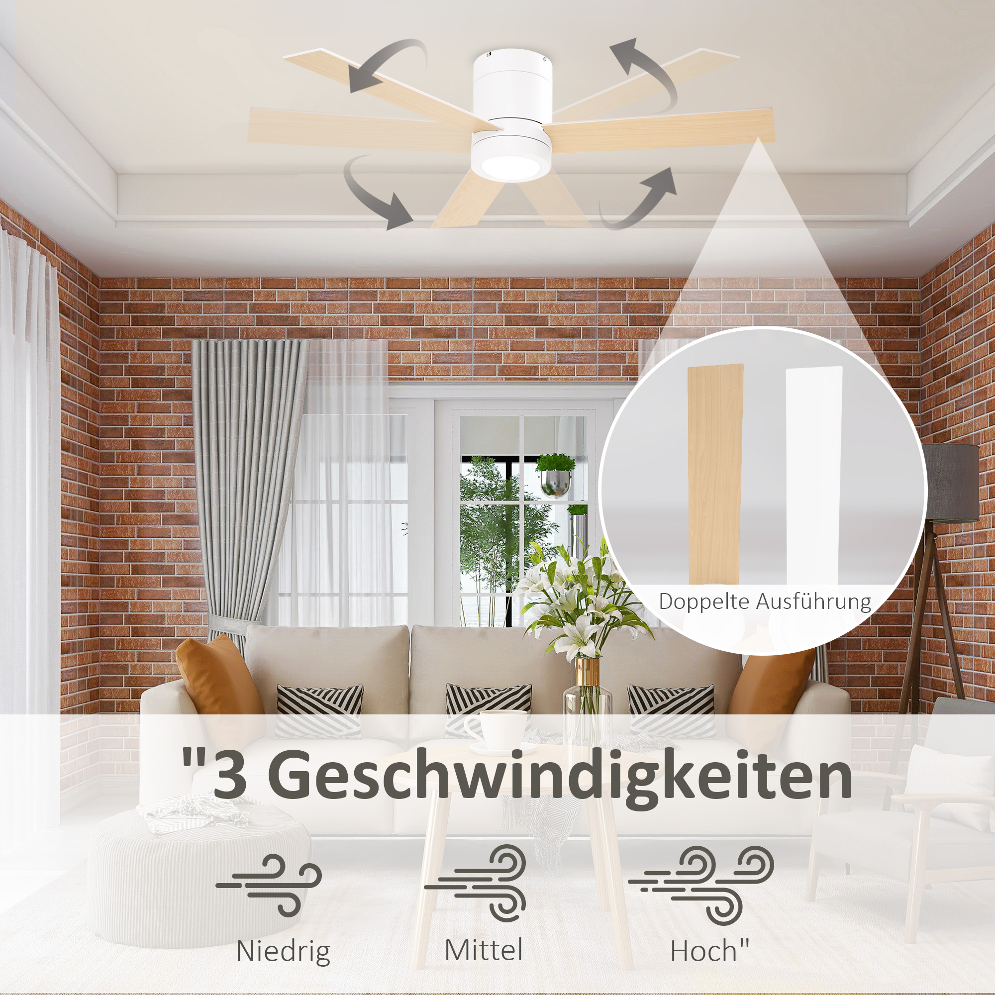 Deckenventilator mit LED-Licht, 2-in-1 Design, mit Timer, Fernbedienung, Deckenlampe mit Ventilator, Weiß+Naturholz