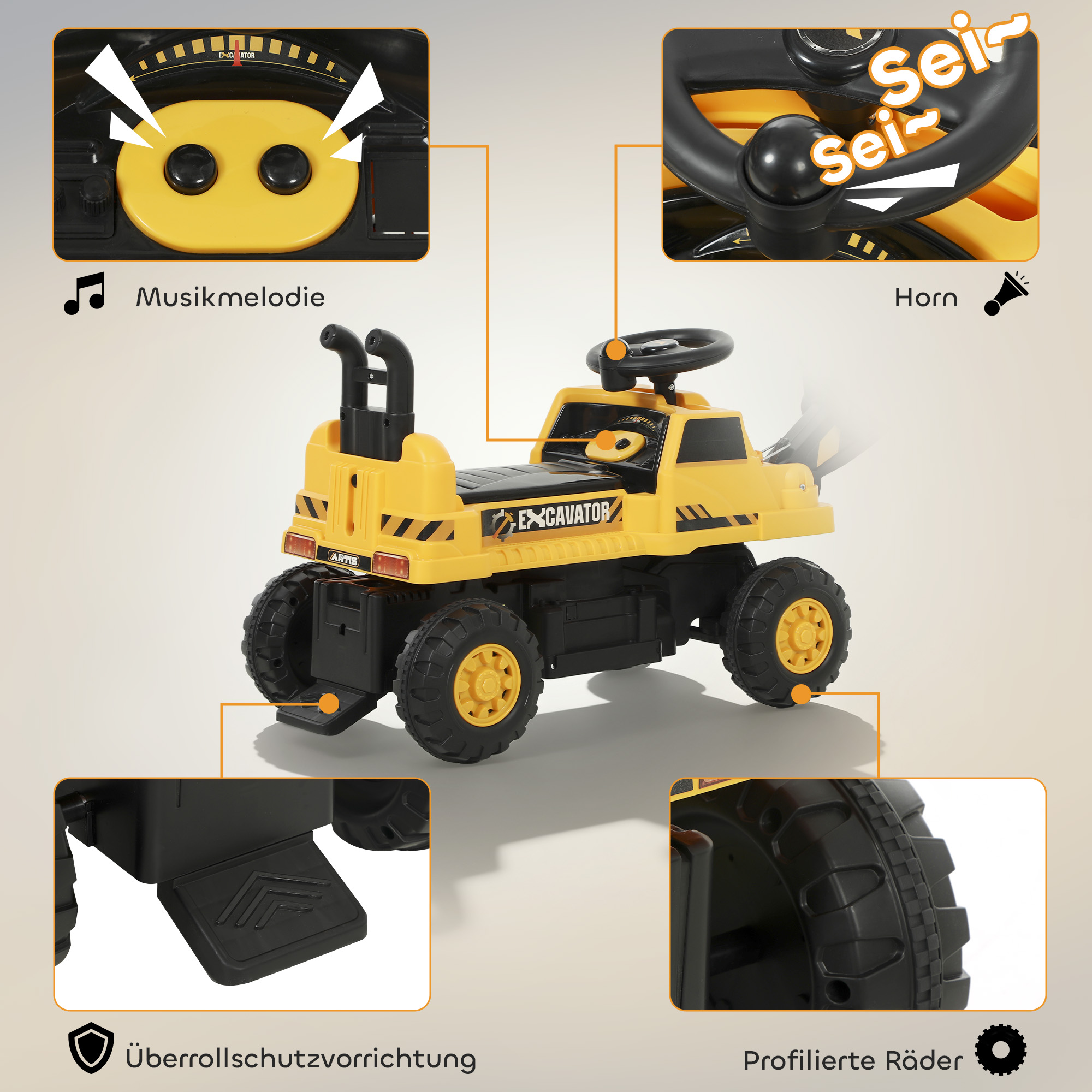 Sitzbagger Aufsitzbagger mit Schaufel Lenkrad drehbar Aufbau verstellbar Rückenlehne für Kinder 1,5-3 Jahre Gelb