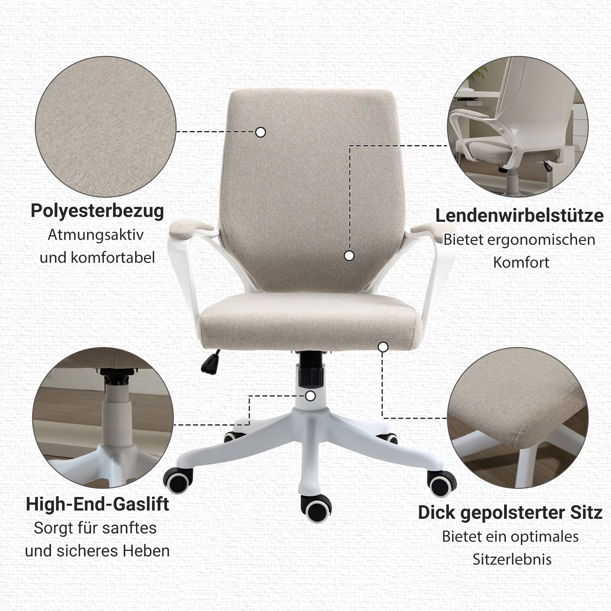Bürostuhl Schreibtischstuhl Home-Office-Stuhl mit Wippenfunktion Rückenlehne höhenverstellbarer dick gepolstert ergonomisch 360°-Drehräder Polyester Nylon PP Beige+Weiß 62x69x92-100 cm
