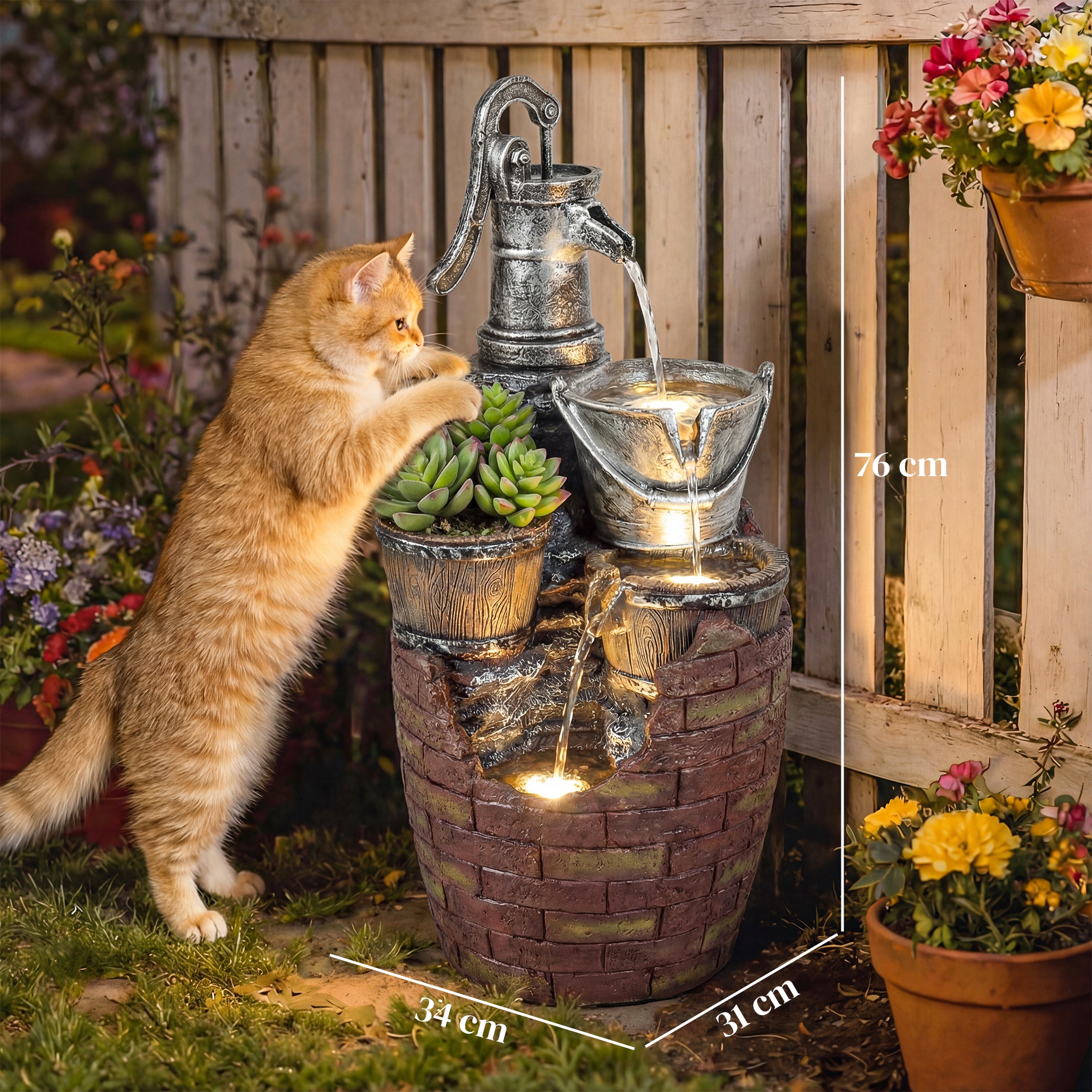 Springbrunnen 4-stufig rustikal Gartenbrunnen mit LED Beleuchtung Pflanzkübel Pumpe, Verstellbar 34 x 31 x 76 cm