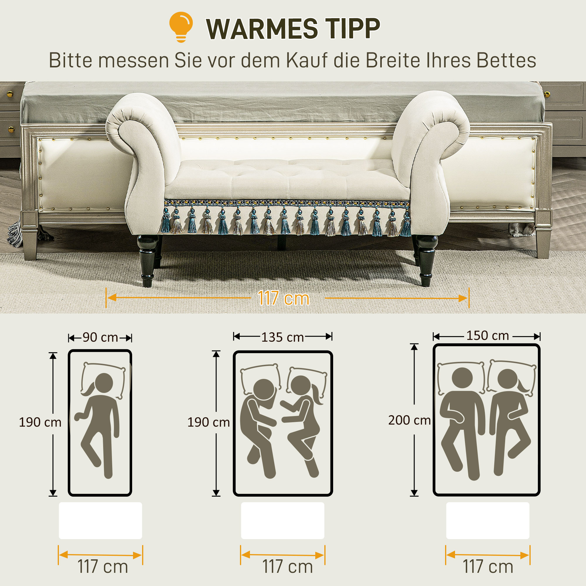 Polsterbank, Sitzbank, Vintage-Design, bis 150 kg, 117x40x58 cm, Beige