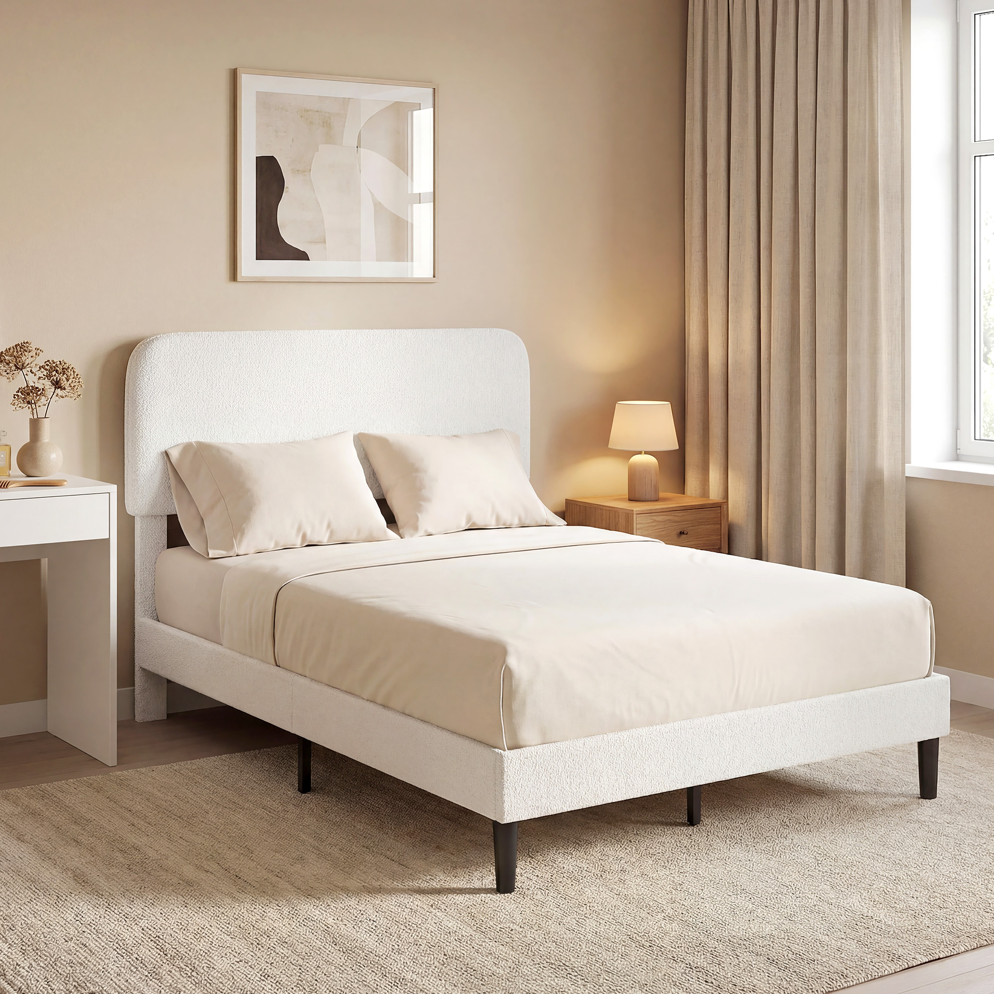 Einzelbettgestell mit Teddy-Fleece-gepolstertem Kopfteil, Metallbettgestell, einfache Montage, Weiß