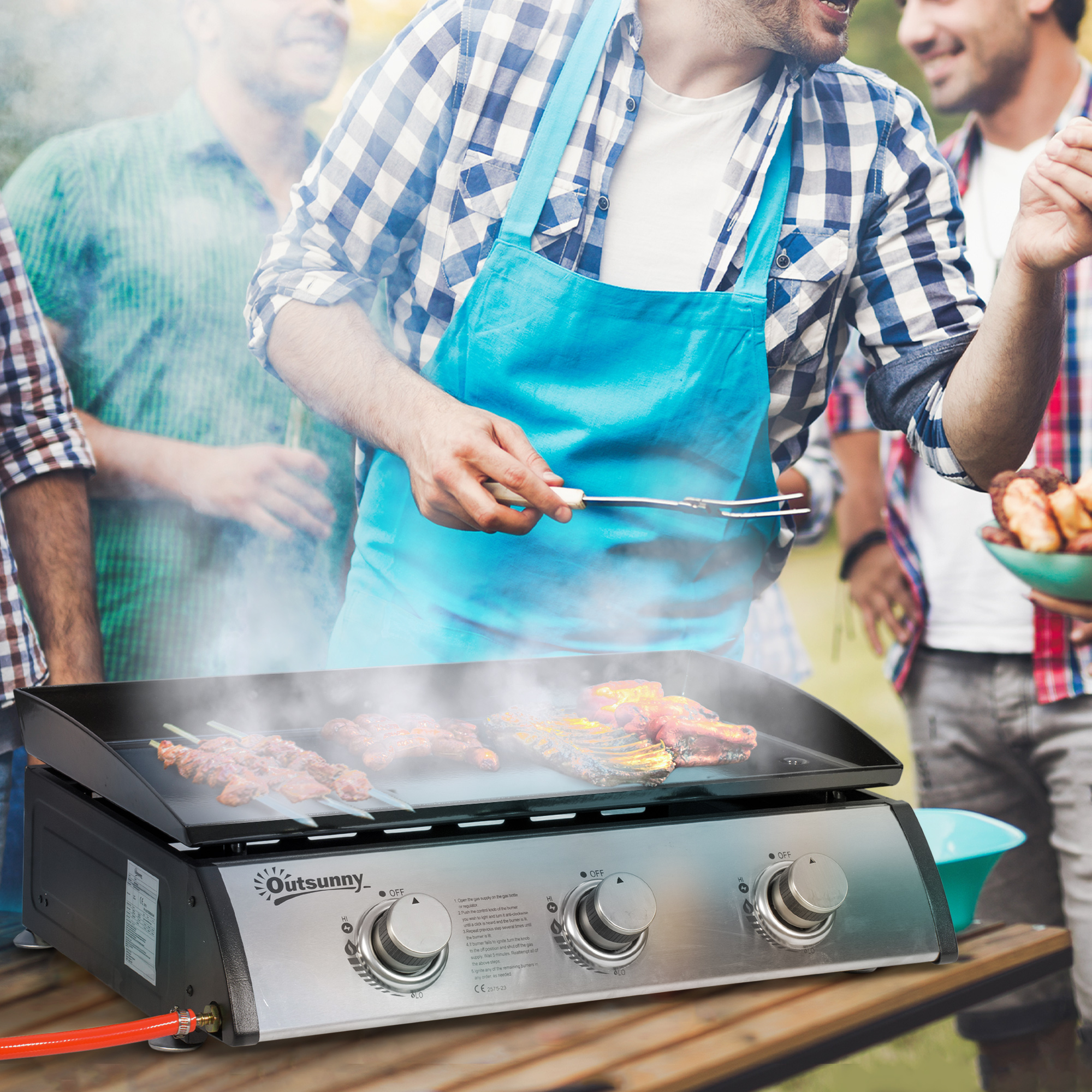 Gasgrill mit 3 Brennern, Schlauch, Antihaft-Grillplatte, Edelstahl, Farbe: Silber, 63 x 48 x 21 cm