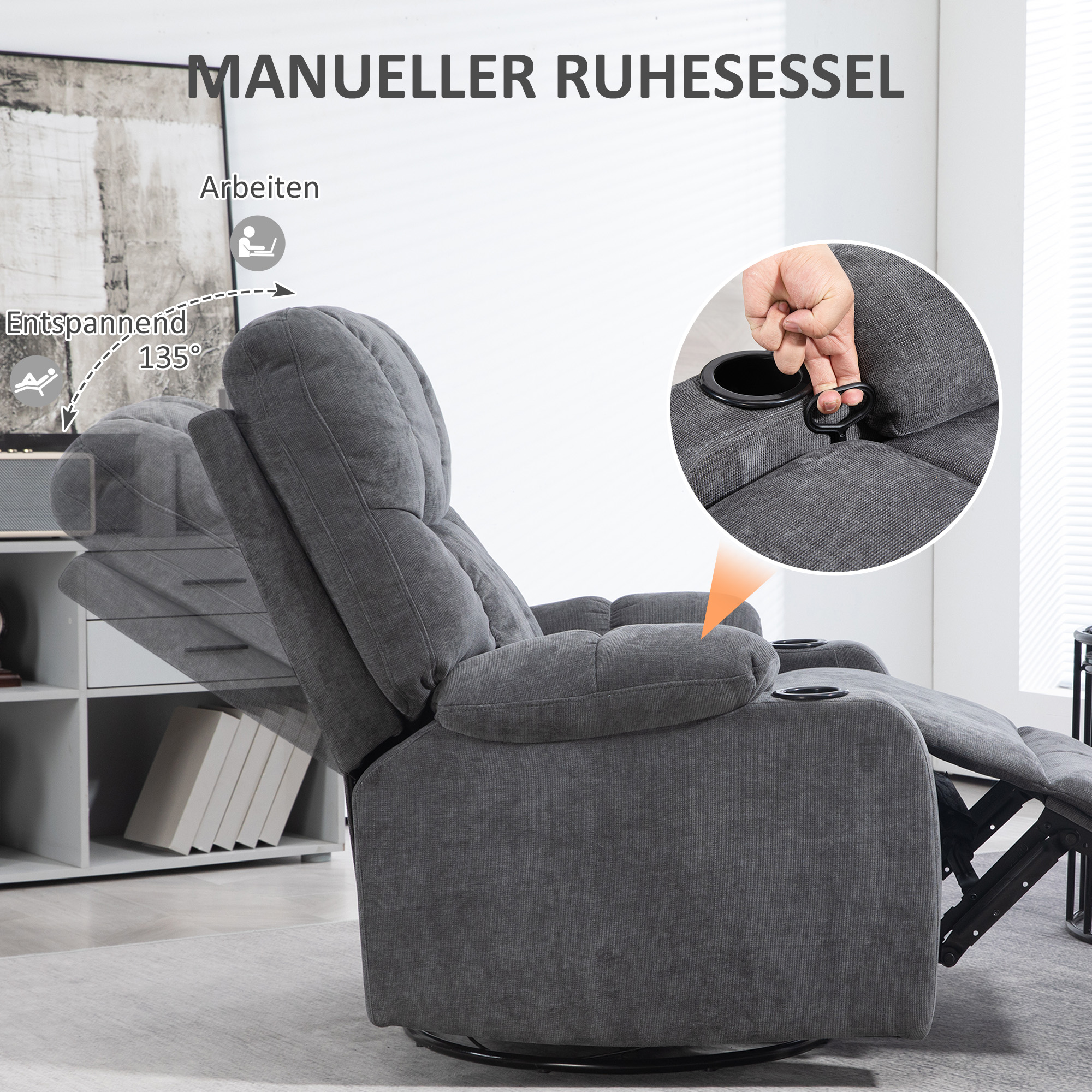 Relaxsessel mit Fußstütze, Liegesessel, drehbar, bis 150 kg, Stahlrahmen, 88x96x108cm, Dunkelgrau