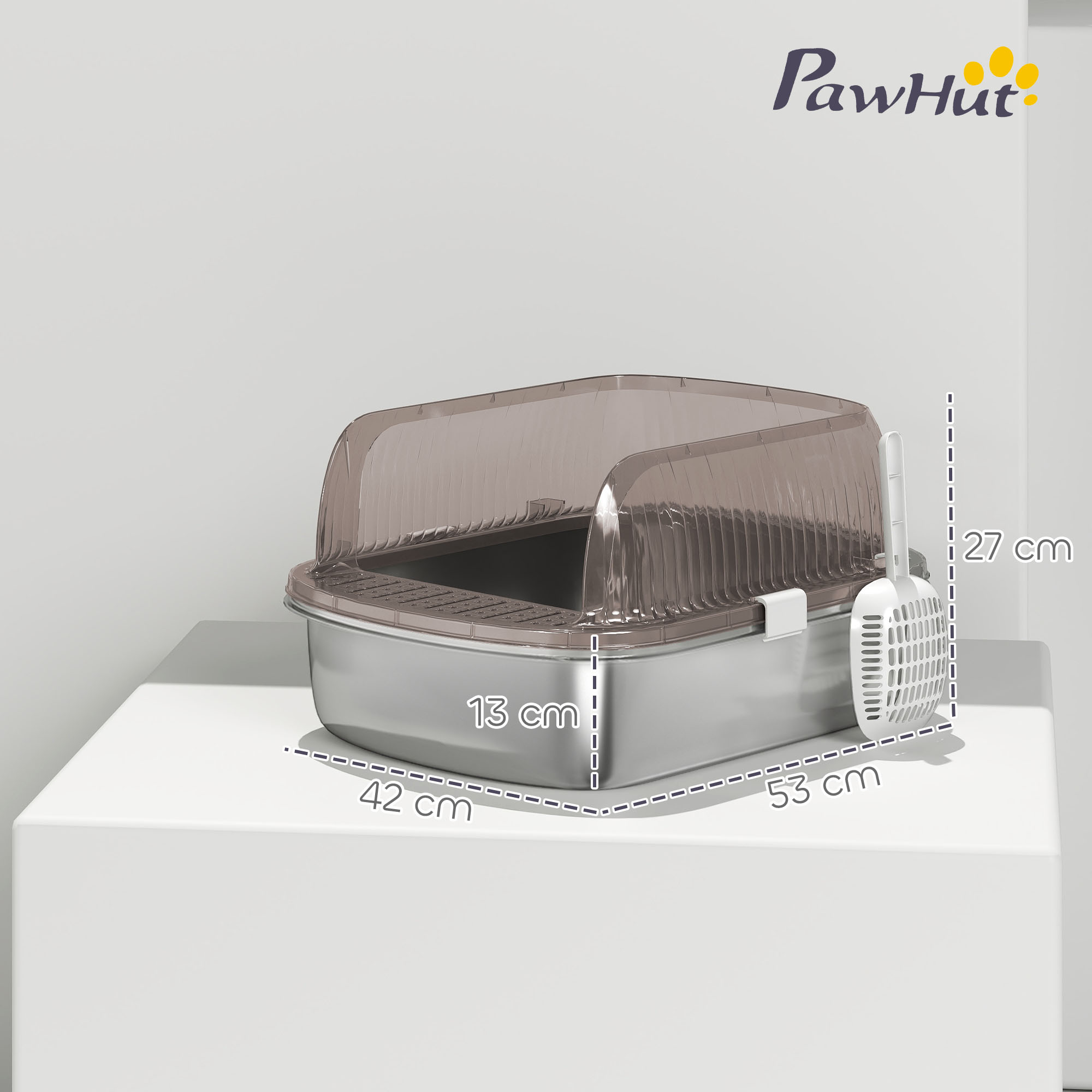Katzenklo Edelstahl, Katzentoilette mit hohem Rand, Wanne, inklusive Schaufel, für große Katzen, 53x42x27cm, Kohlegrau