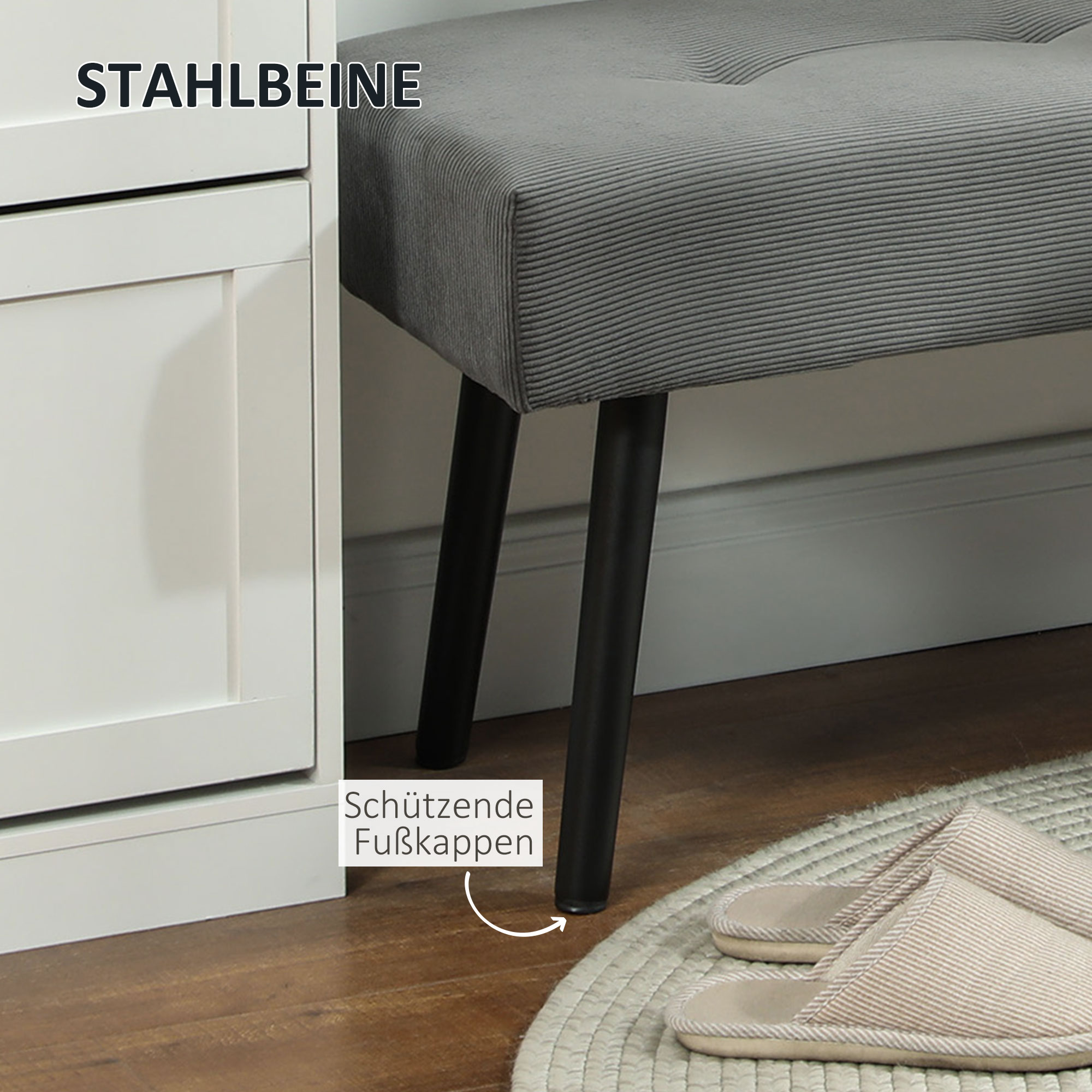 Sitzbank Polsterbank mit Cordbezug, Bettbank mit Metallbeine, Schuhbank 100 x 36 x 45 cm Grau