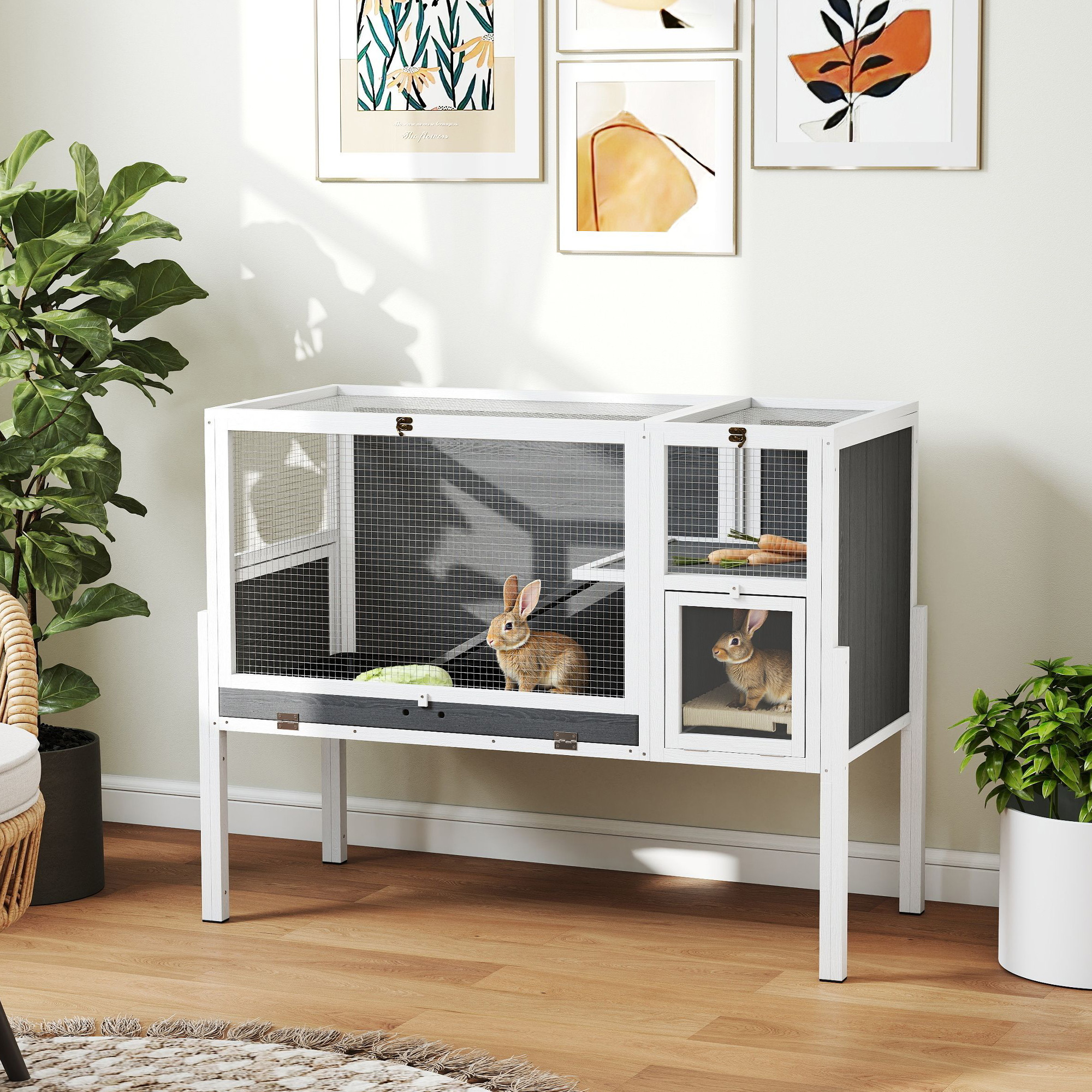 Kleintierstall für Zwerghamster, Kaninchen, Meerschweinchen, mit Zubehör, erhöhtes Design, Holz, Metall, Grau