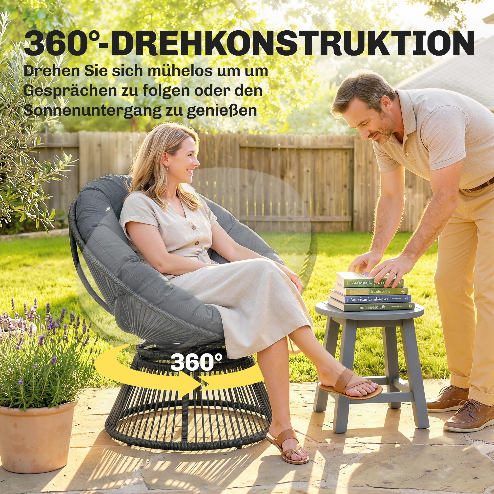 Papasansessel 360° drehbar Korbsessel mit Kissen Stahlrahmen runder Rattansessel Loungesessel Grau