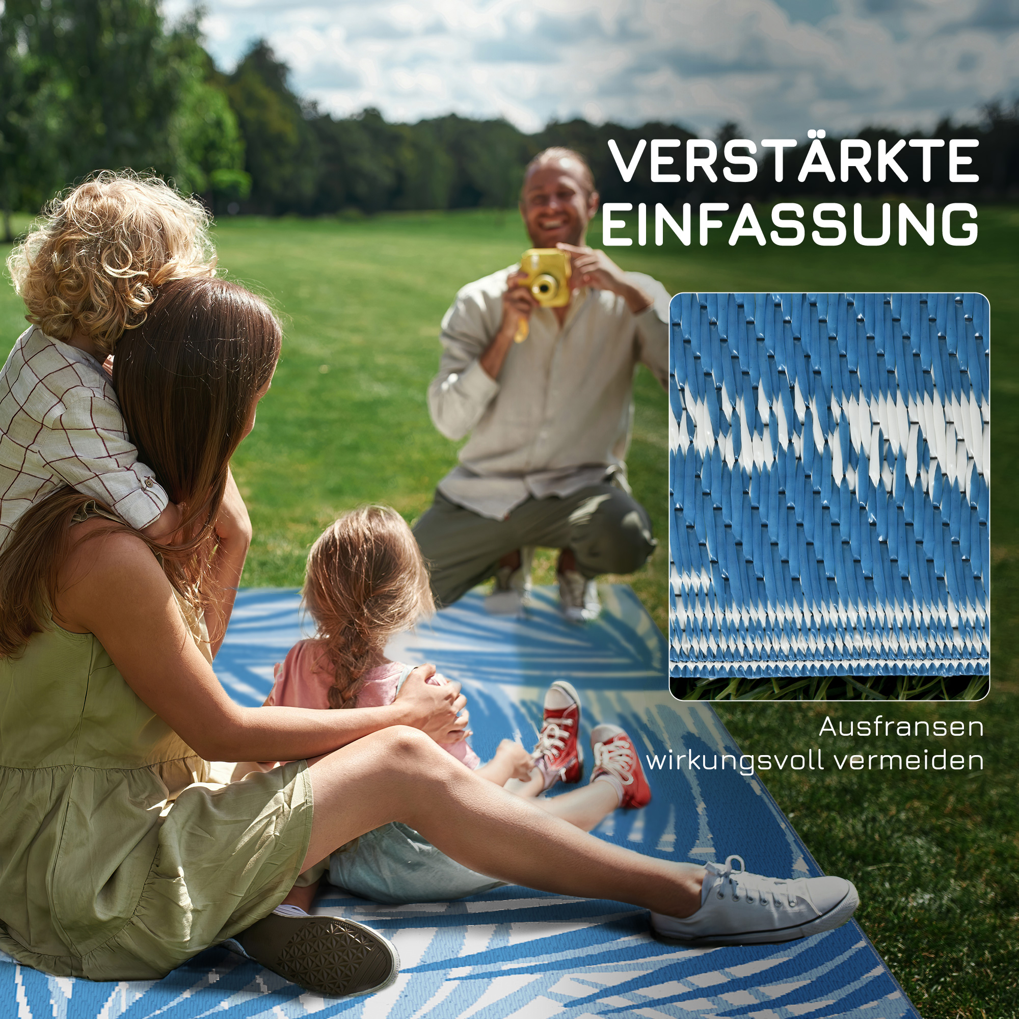 Outdoor Wendeteppich, wasserfest, Blattmuster, 182x274cm, Blau/Creme