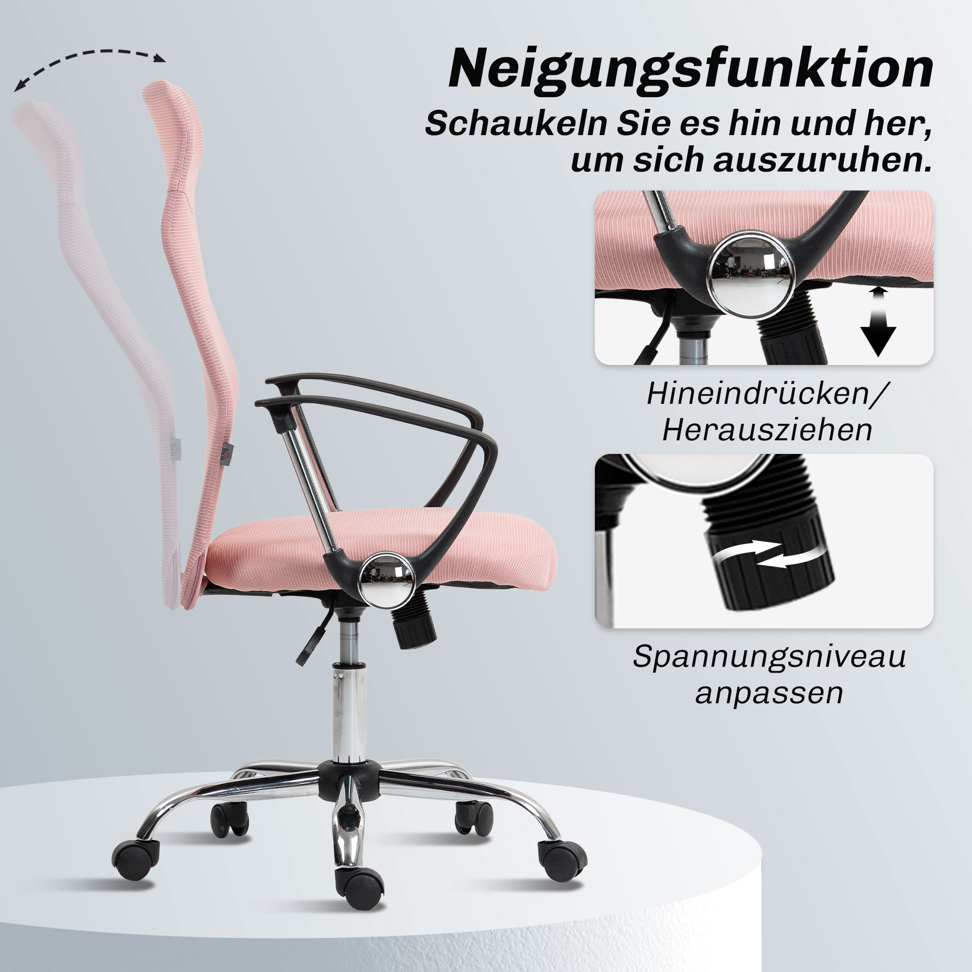 Ergonomischer Bürostuhl Höhenverstellbarer Drehstuhl mit Wippfunktion, Netzbespannung, 63 x 65 x 109-119 cm Rosa