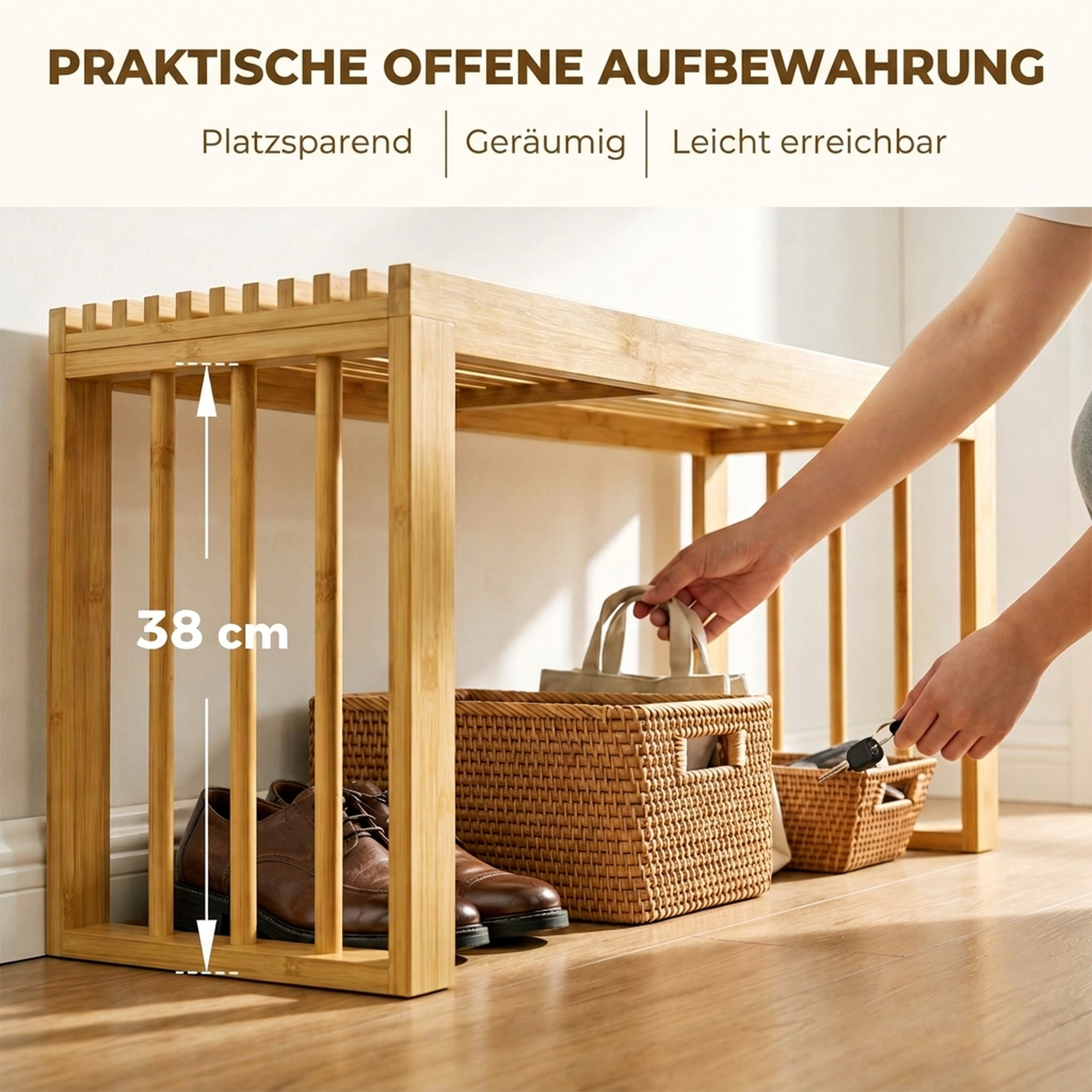 90 cm Bambus-Schuhbank, Flurbank ohne Rückenlehne, Sitzbank für Eingangsbereich, Natur