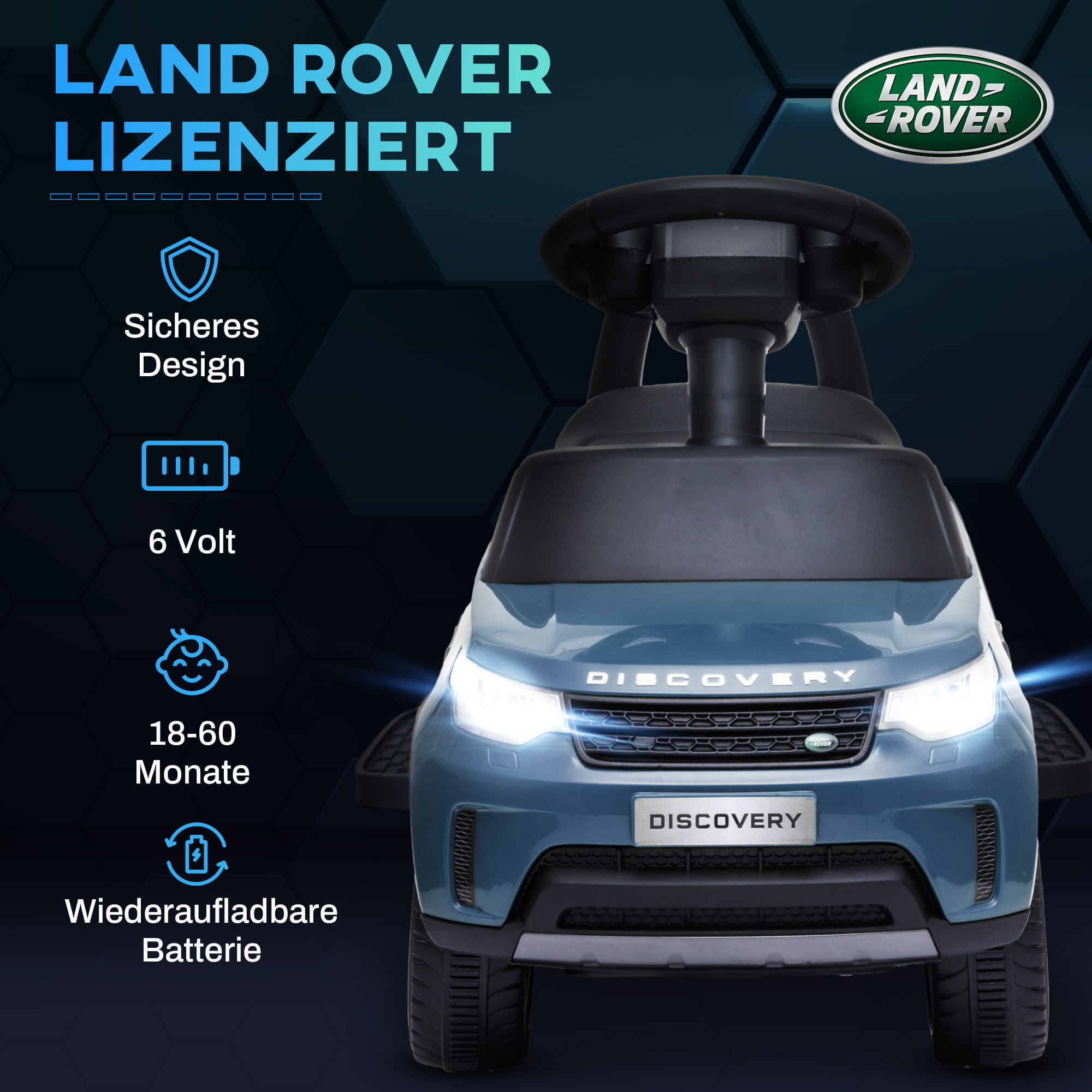 Elektro-Kinderauto 6V, Land Rover, Fahr-/Schiebemodus, Scheinwerfer, Musik, Hellblau