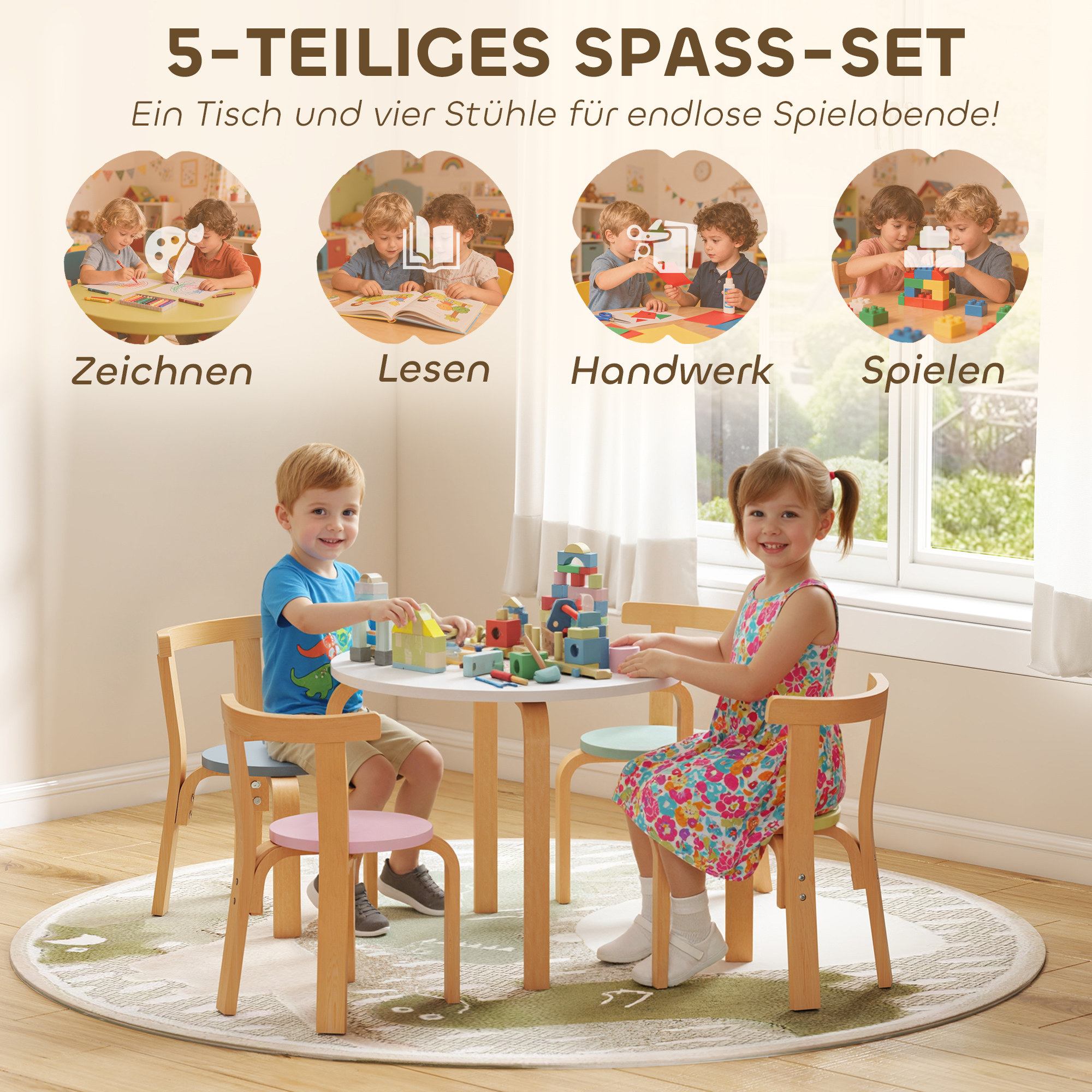 5-teiliges Kindertisch- und Stuhlset, leichtes Massivholz, Bunt