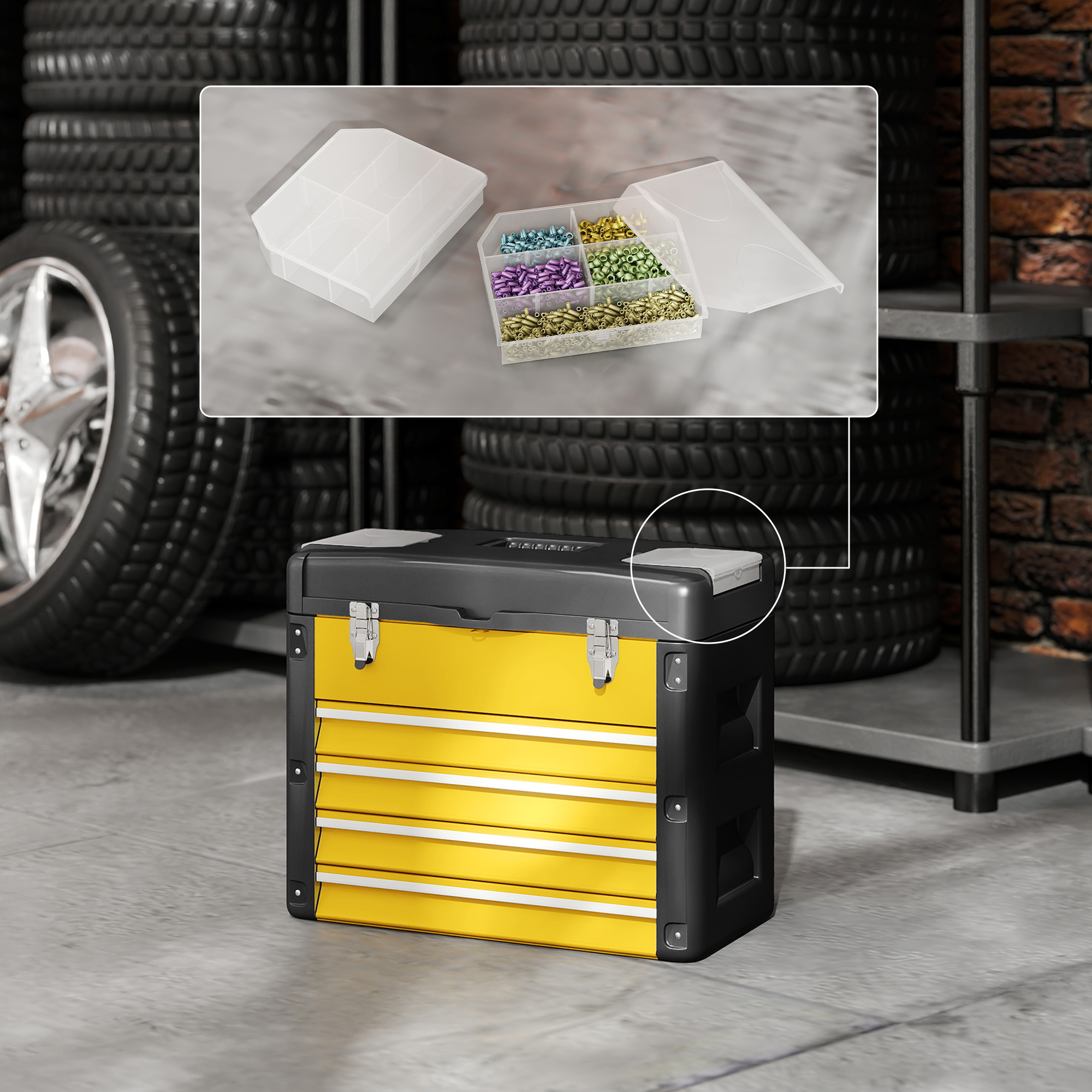 Werkzeugkiste leer, 49,7 x 25,3 x 40,7 cm Werkzeugkasten mit 4 Schubladen, Mini-Box Stahl Gelb