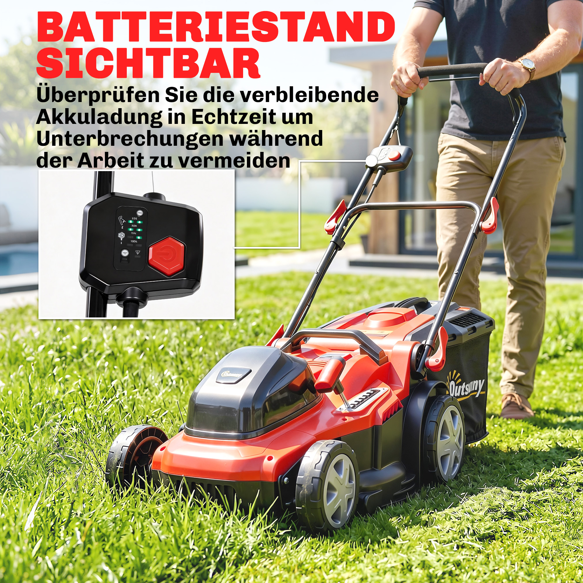 Elektro Rasenmäher 800 W mit 40 cm Schnittbreite 45L Fangkorb Akkuanzeige Überlastschutz 7 Schnitthöhen