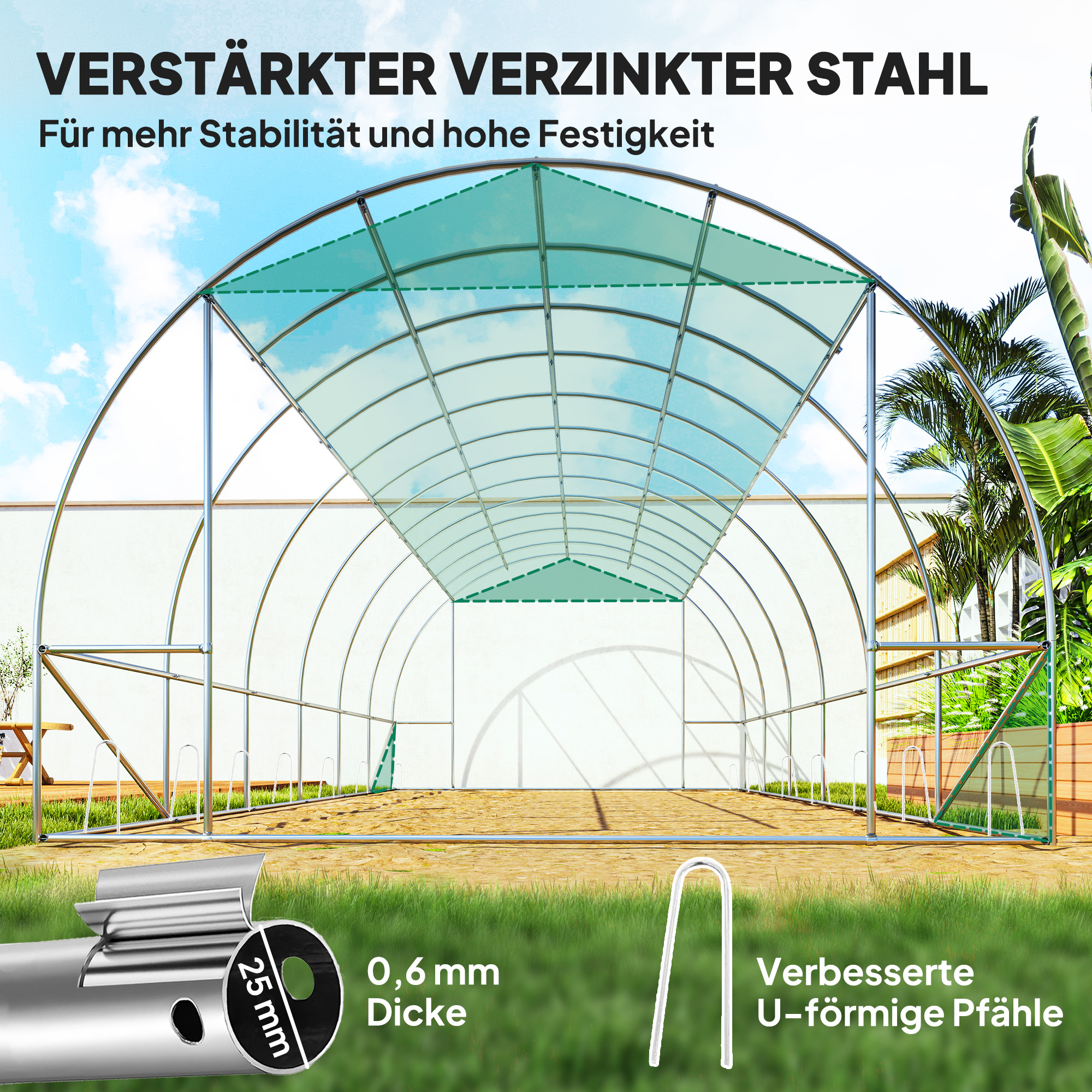Polytunnel Gewächshaus mit Kunststoff-Abdeckung und Stahlrahmen, begehbares Gewächshauszelt mit Rolltüren, Grün
