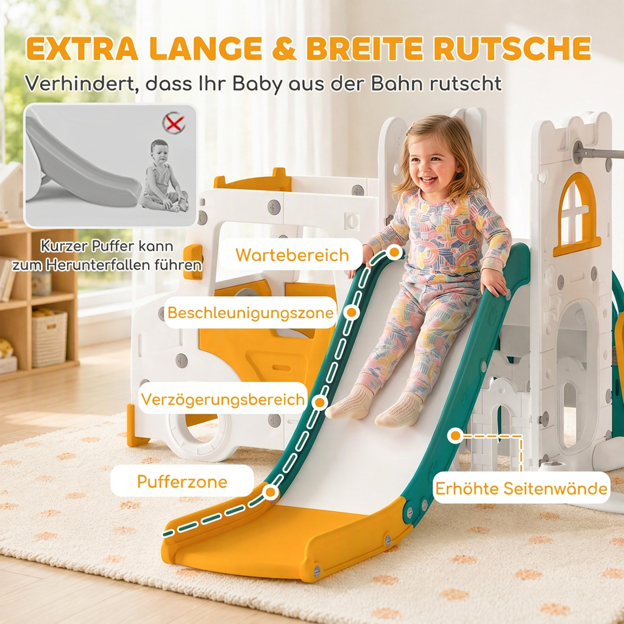 7 in 1 Kinderrutsche mit Schaukel Tunnel Gartenrutsche mit Auto Lenkrad Hupe Klettergerüst 4PCS Moduls 1–4 Jahre Weiß