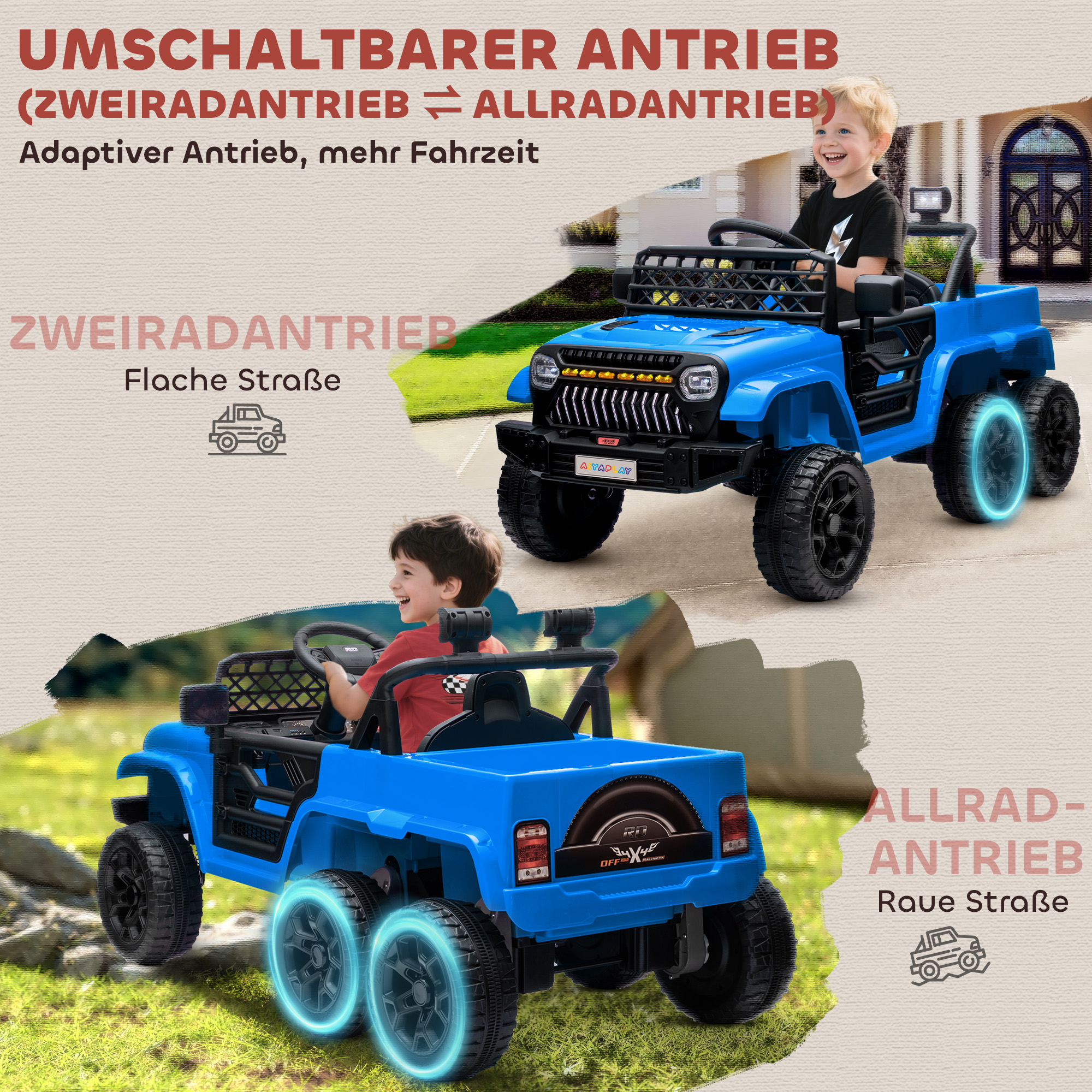 12V Elektrisches Kinderauto, mit Anhänger, LED-Lichtern, Musik und Hupe, für Kinder im Alter von 3-8 Jahren, Hellblau