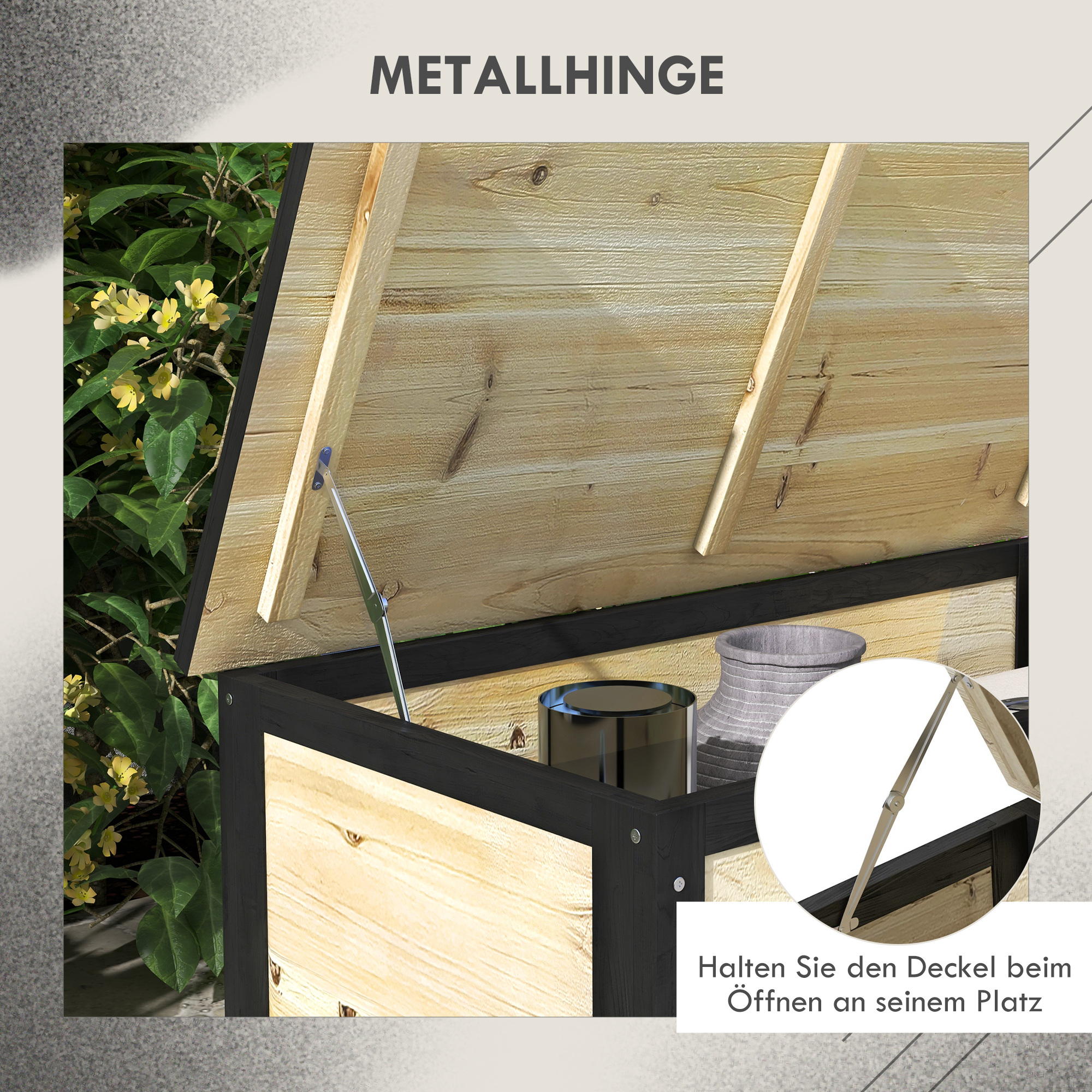 Garten-Aufbewahrungsbox, 121 Liter, 2 Räder, wetterfest, Metallscharniere, Naturholz, 100x50x43 cm