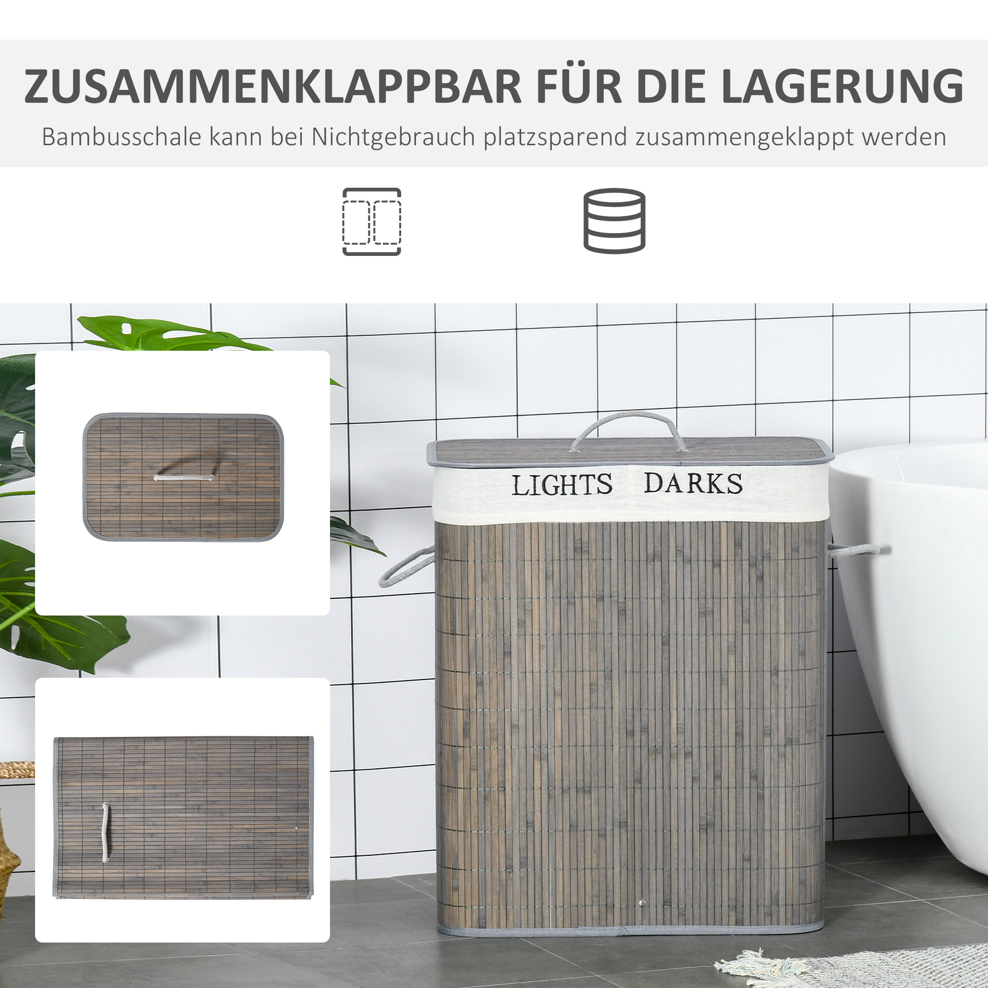 100L Wäschekorb mit 3 Griffen, mit waschbarem Wäschesack, Bambus, Polyester, Baumwolle, Metall, 52 x 32 x 63 cm, Grau