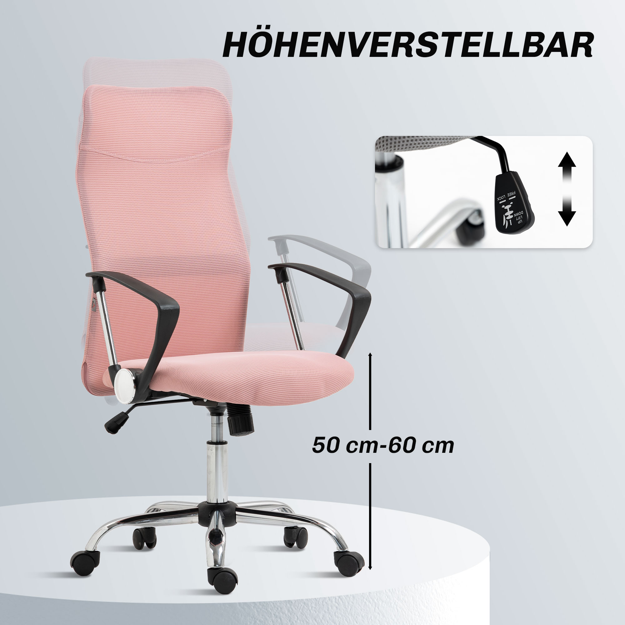 Ergonomischer Bürostuhl Höhenverstellbarer Drehstuhl mit Wippfunktion, Netzbespannung, 63 x 65 x 109-119 cm Rosa