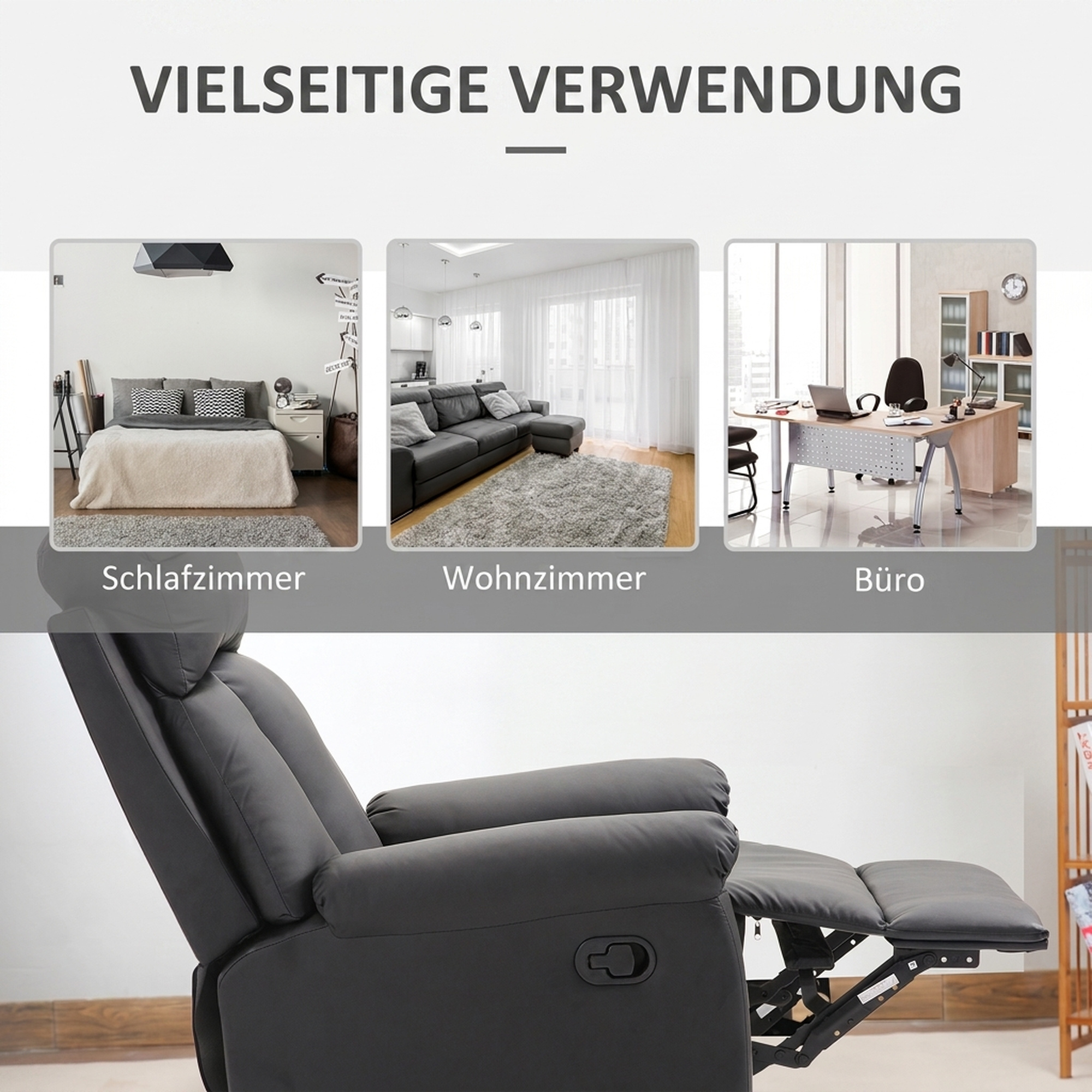 Relaxsessel Fernsehsessel mit Liegefunktion, Manuell Verstellbar Ruhesessel aus Kunstleder für Wohnzimmer, Schwarz