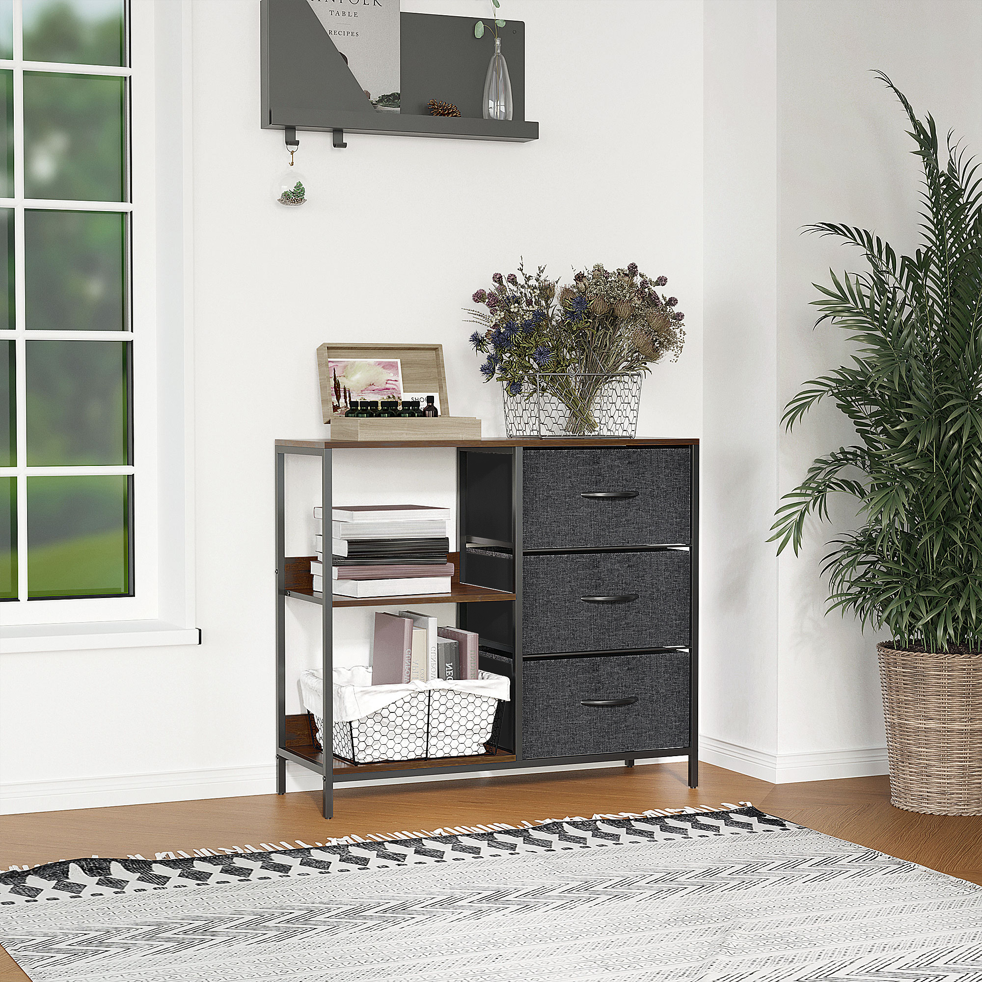 Aufbewahrungs-Kommode, 3 Stoffschubladen, Regale, Metallrahmen, Braun+Grau