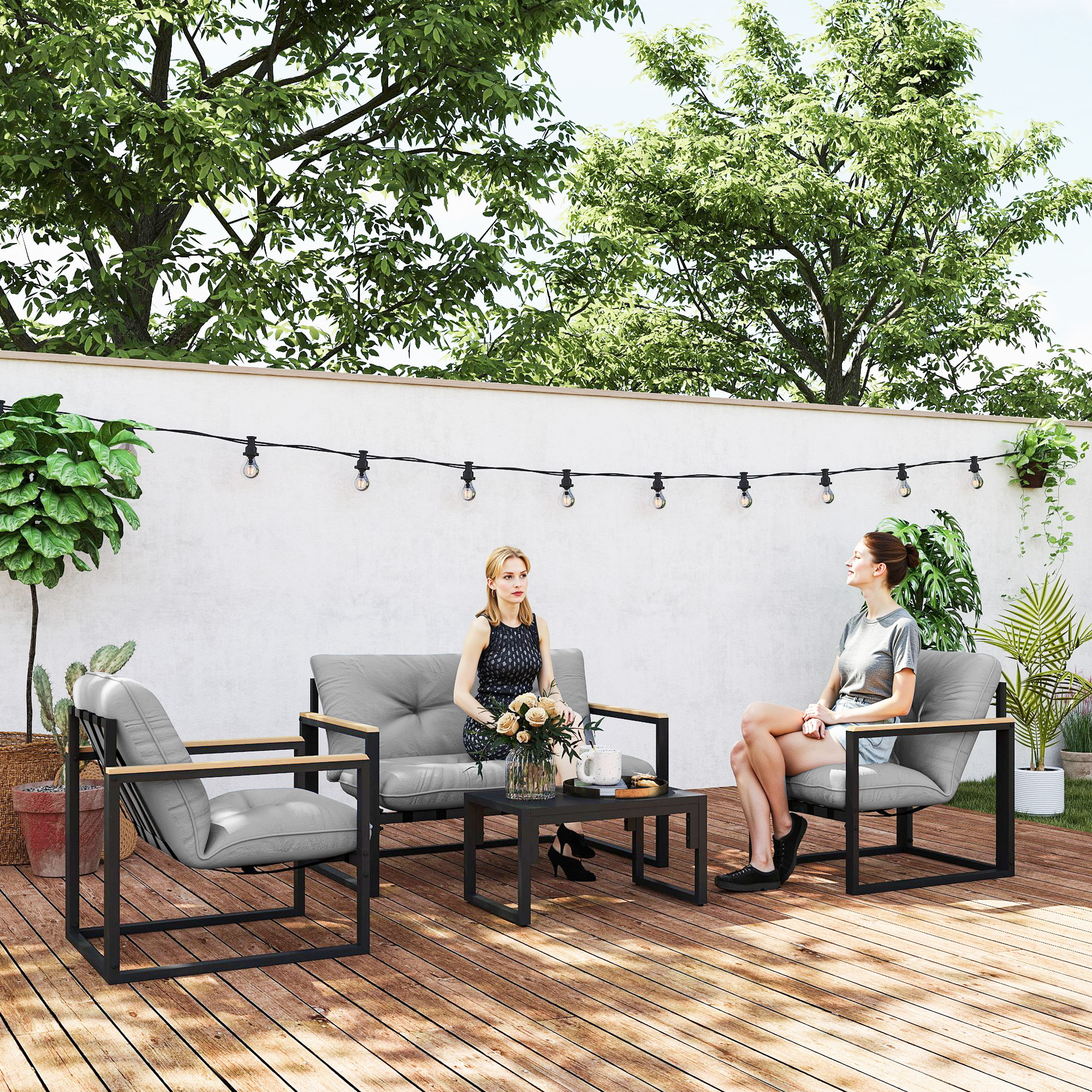 Gartenmöbel Set 4 Personen wetterfest Balkonmöbel-Set mit 2er Sofa, Sessel Sitzkissen Hellgrau