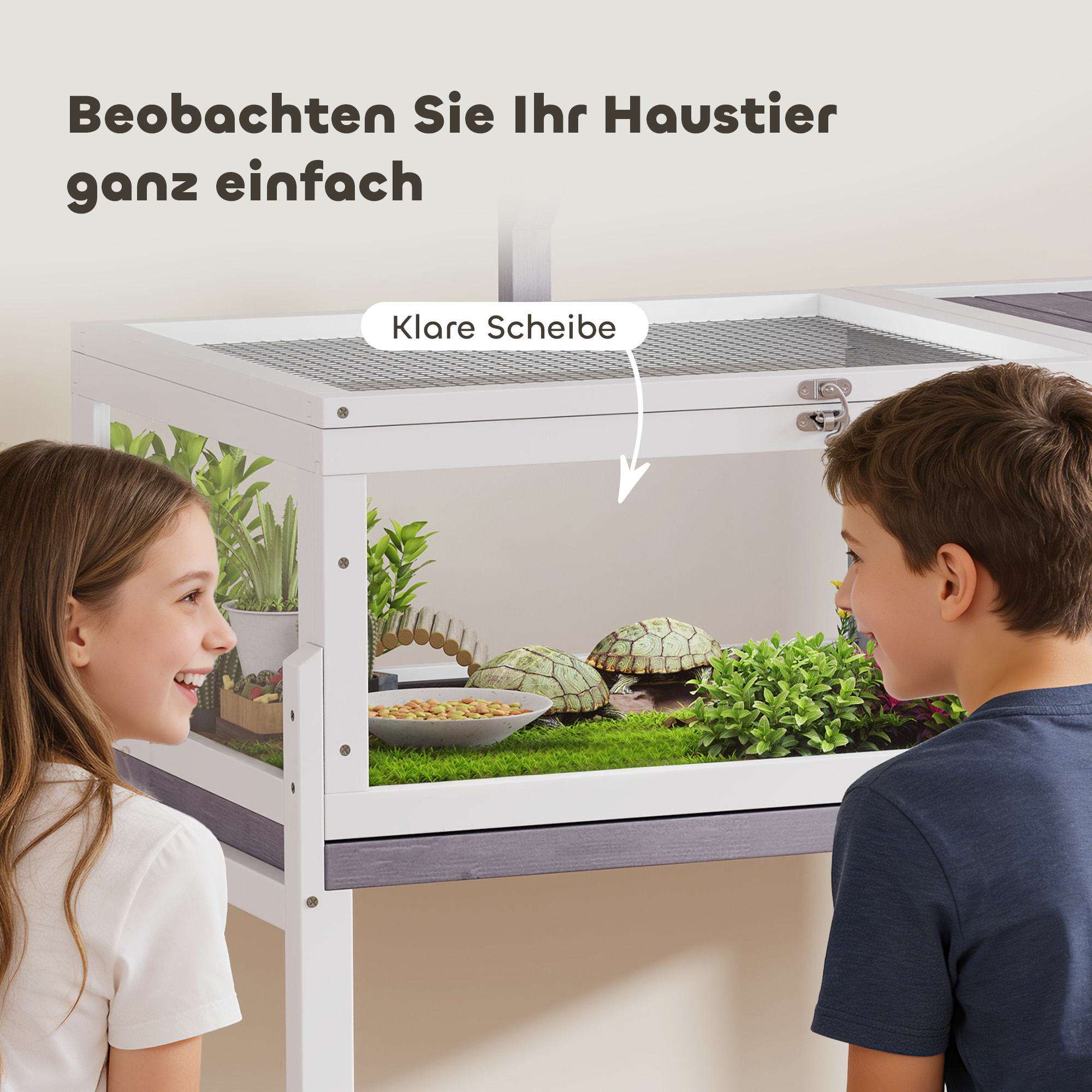 Schildkrötenhaus aus Holz Schildkrötengehege mit Haupthaus, Sichtfenster, Deckel, 104cm x 53cm x 82cm, Weiß+Grau