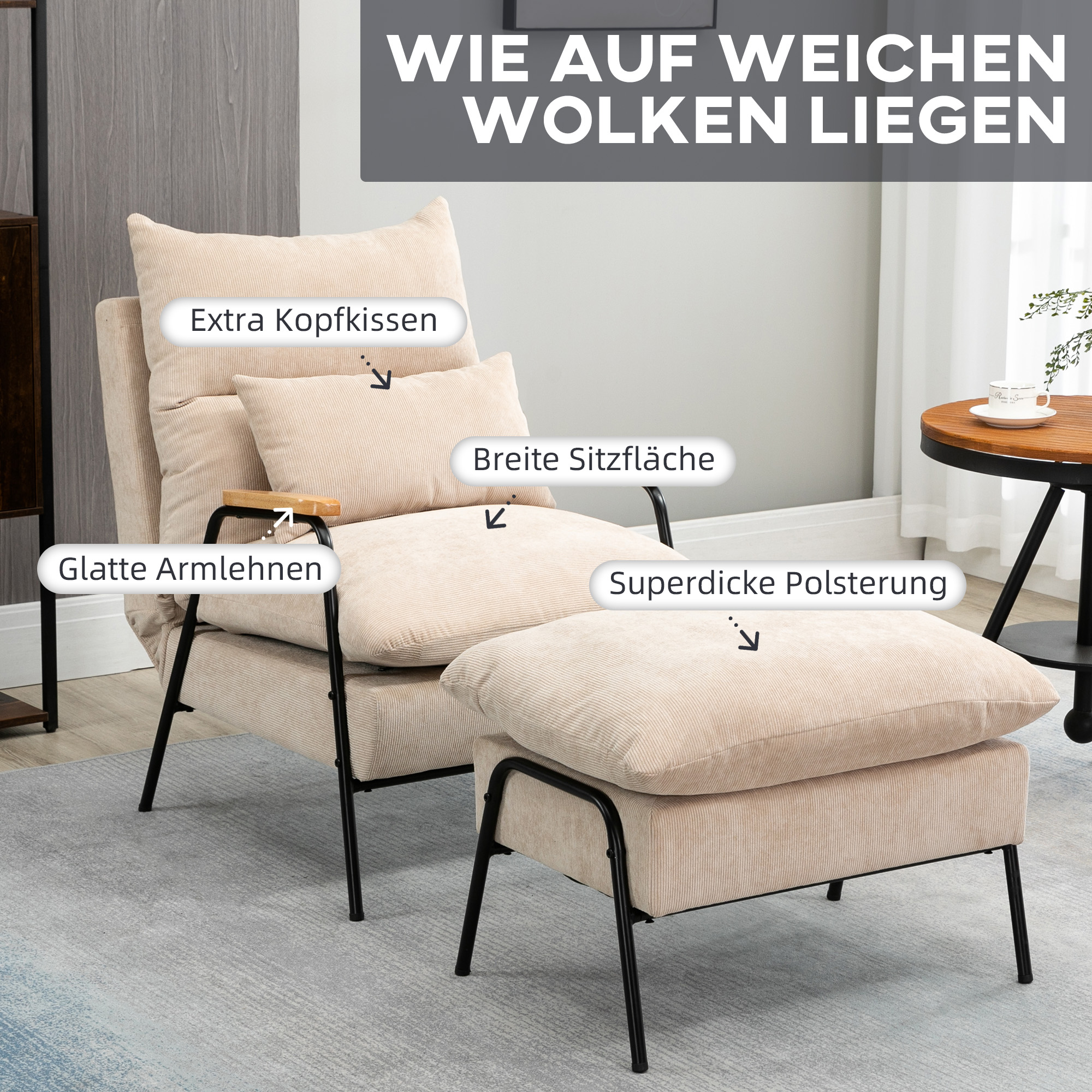 Polstersessel mit Hocker, Relaxsessel mit Liegefunktion, Polsterstuhl, Kissen, Fernsehsessel, 68 x 91,5 x 88 cm, Beige