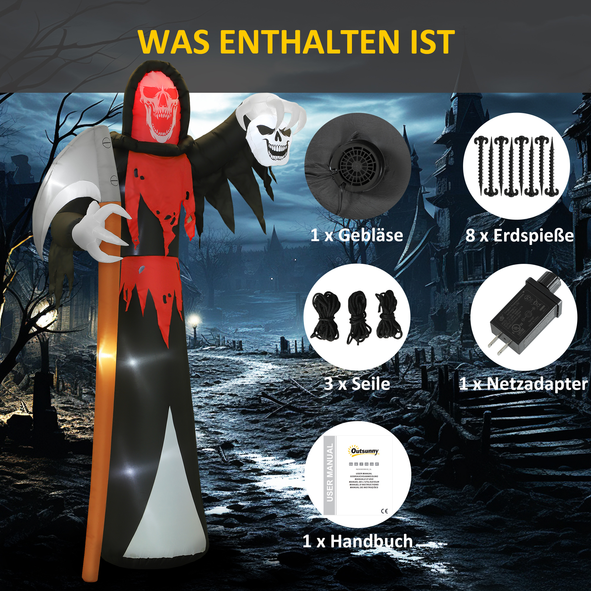 Halloween-Dekoration 3,7 m riesiger Sensenmann mit LED-Beleuchtung Leuchtende Luftfigur für Outdoor Halloween-Dekoration 3,7 m riesiger Sensenmann mit LED-Beleuchtung Leuchtende Luftfigur für Outdoor
