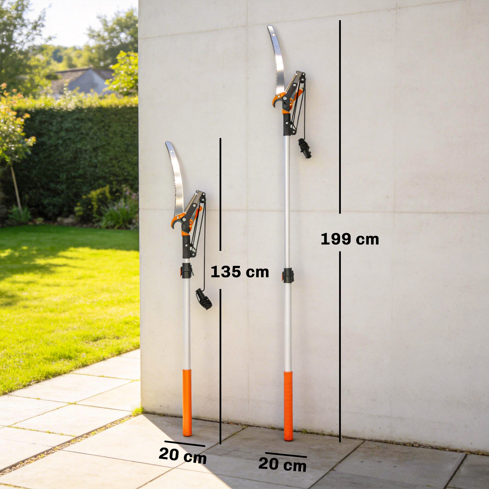 2-in-1 Astsäge mit integrierter Astschere Baumsäge mit Teleskopstiel 135/172/199 cm für hohe Äste Orange