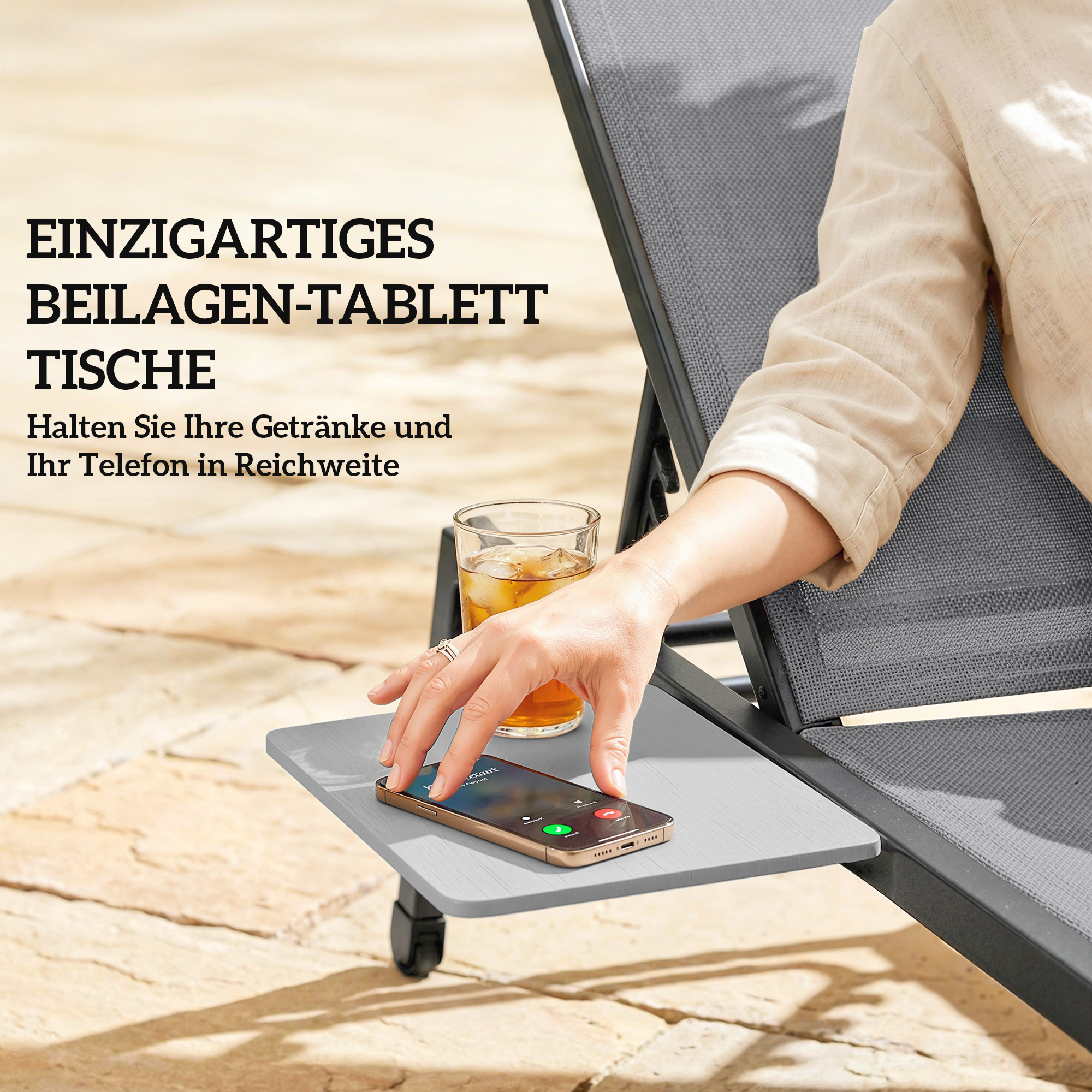 2er Set Sonnenliege Gartenliege mit 5-Fach höhenverstellbarer Rückenlehne Seitentisch 2 Räder, rutschfeste Füße Grau