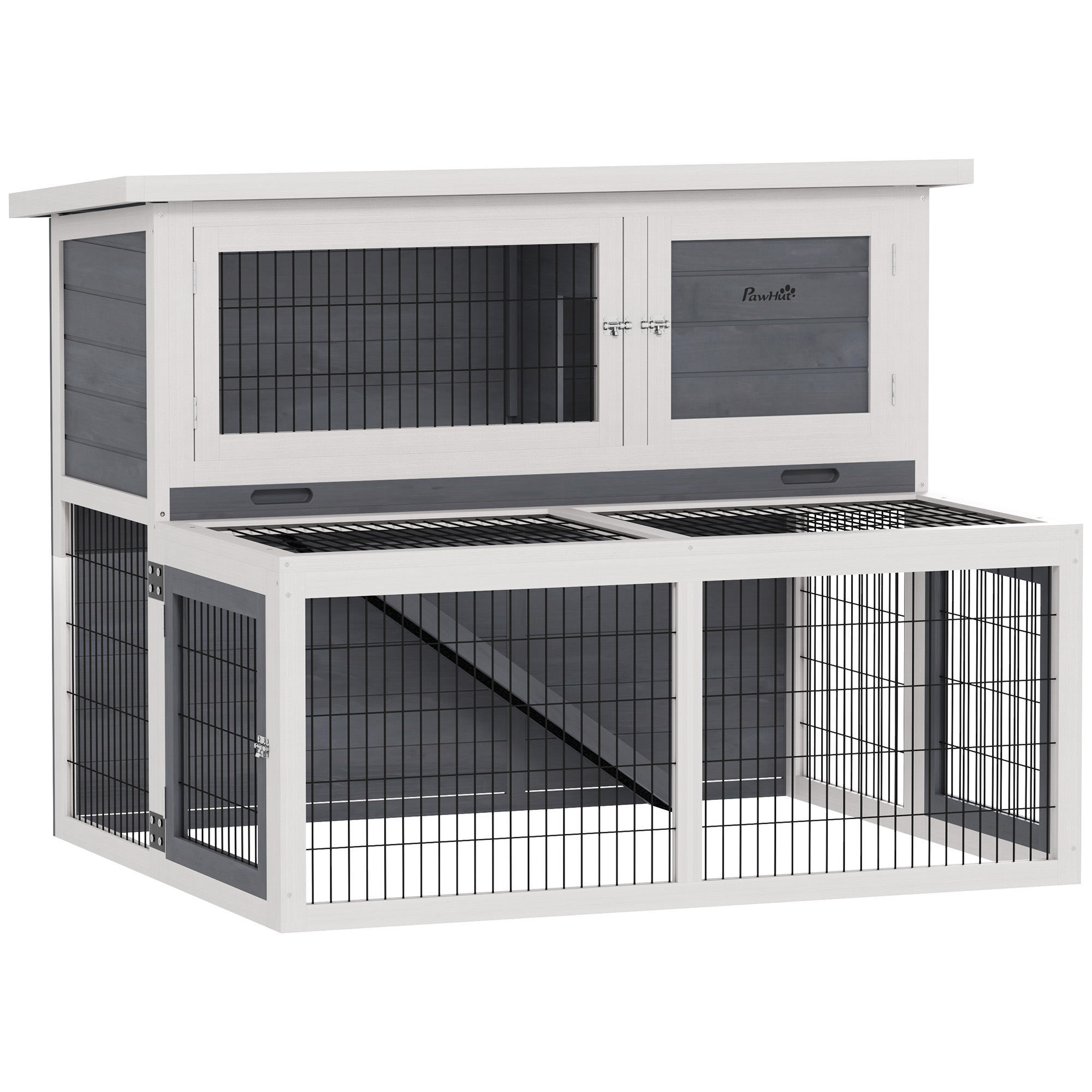 Hasenstall 2 Ebenen mit klappbar Dach Kaninchenstall aus Vollholz Winterfest Doppelstockhaus 122x95x93,5 cm Grau