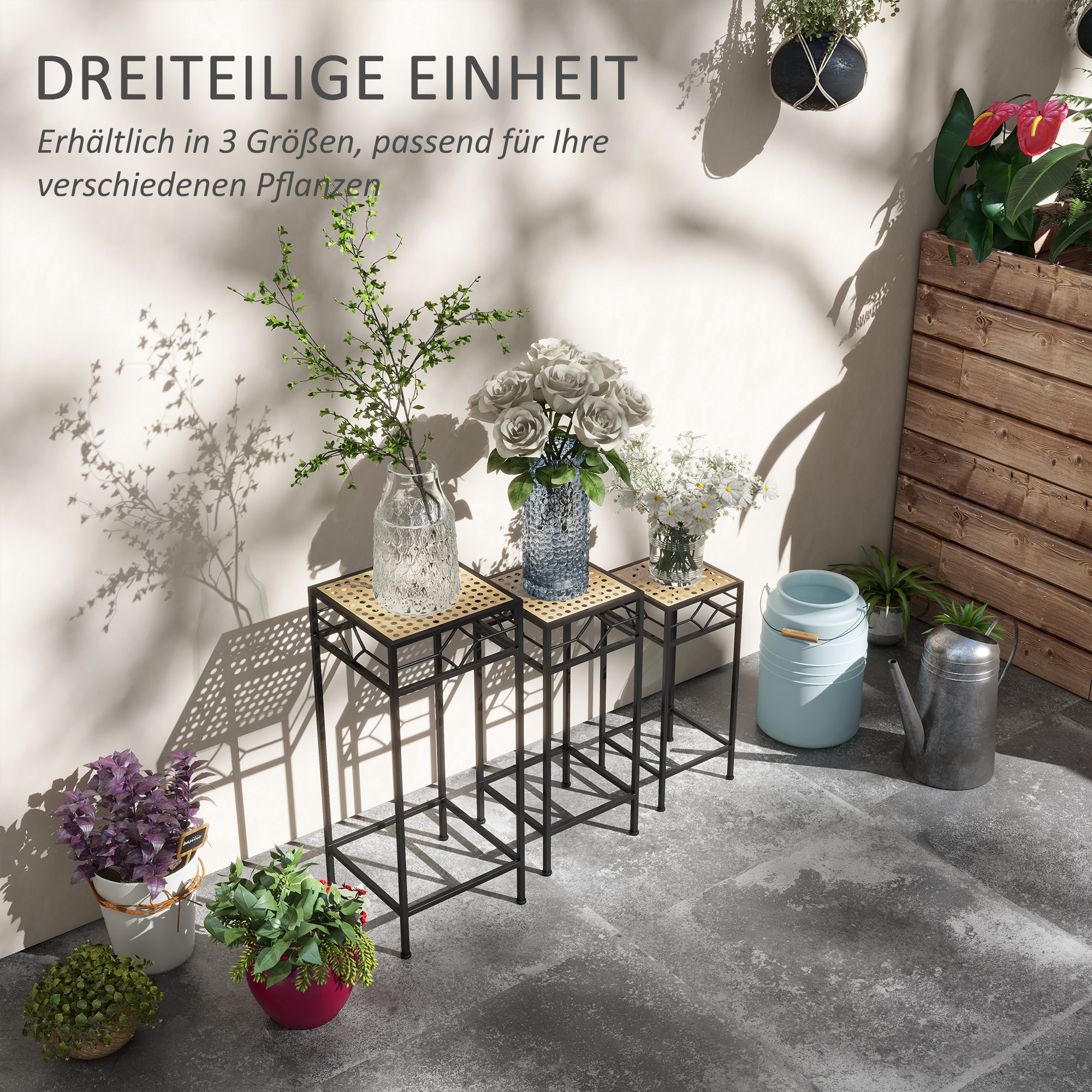 Blumenständer, 3er-Set, rund, stapelbar, Rattanoptik, Metallbeine, In- und Outdoor, Schwarz/Gold