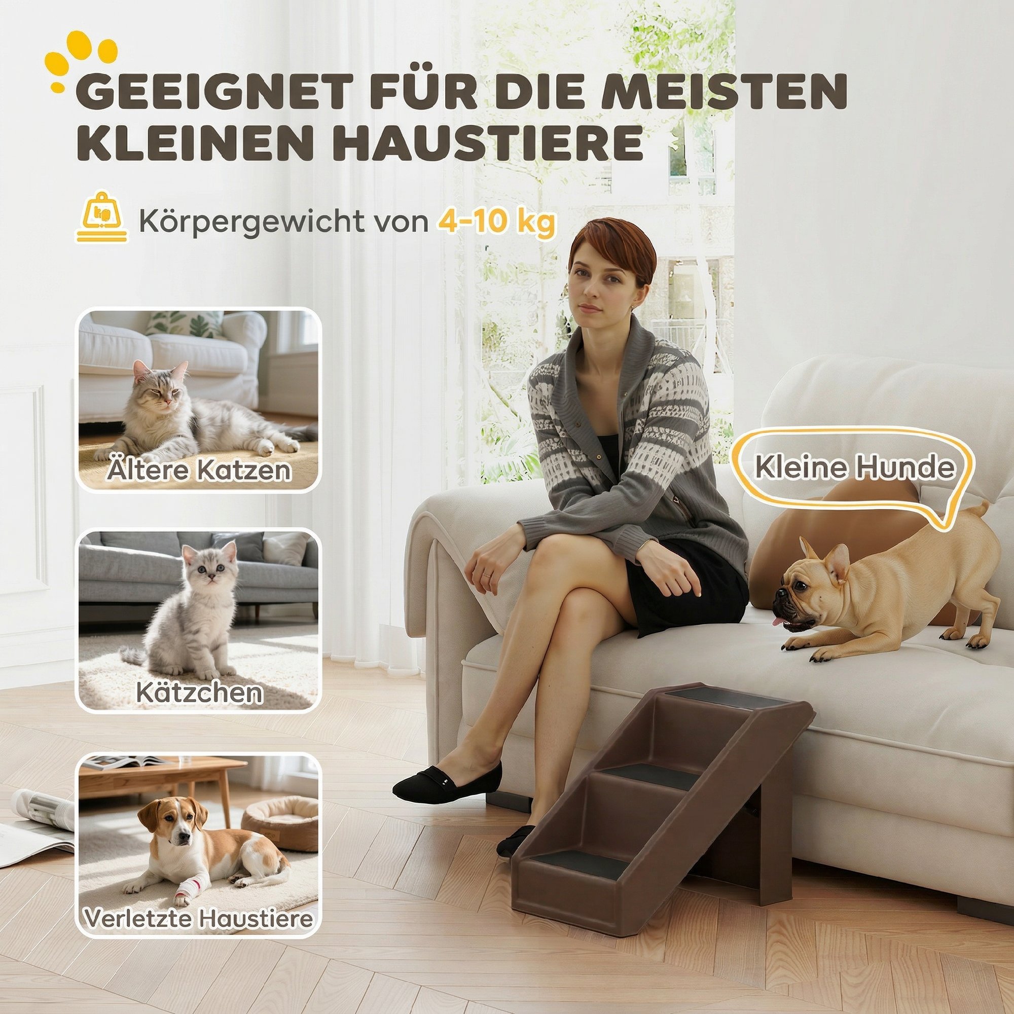 Hundetreppe 3 Stufen 36,5 cm Hoch Haustiertreppe für Kleine Hunde klappbar für Bett, Sofa, Couch Auto Braun