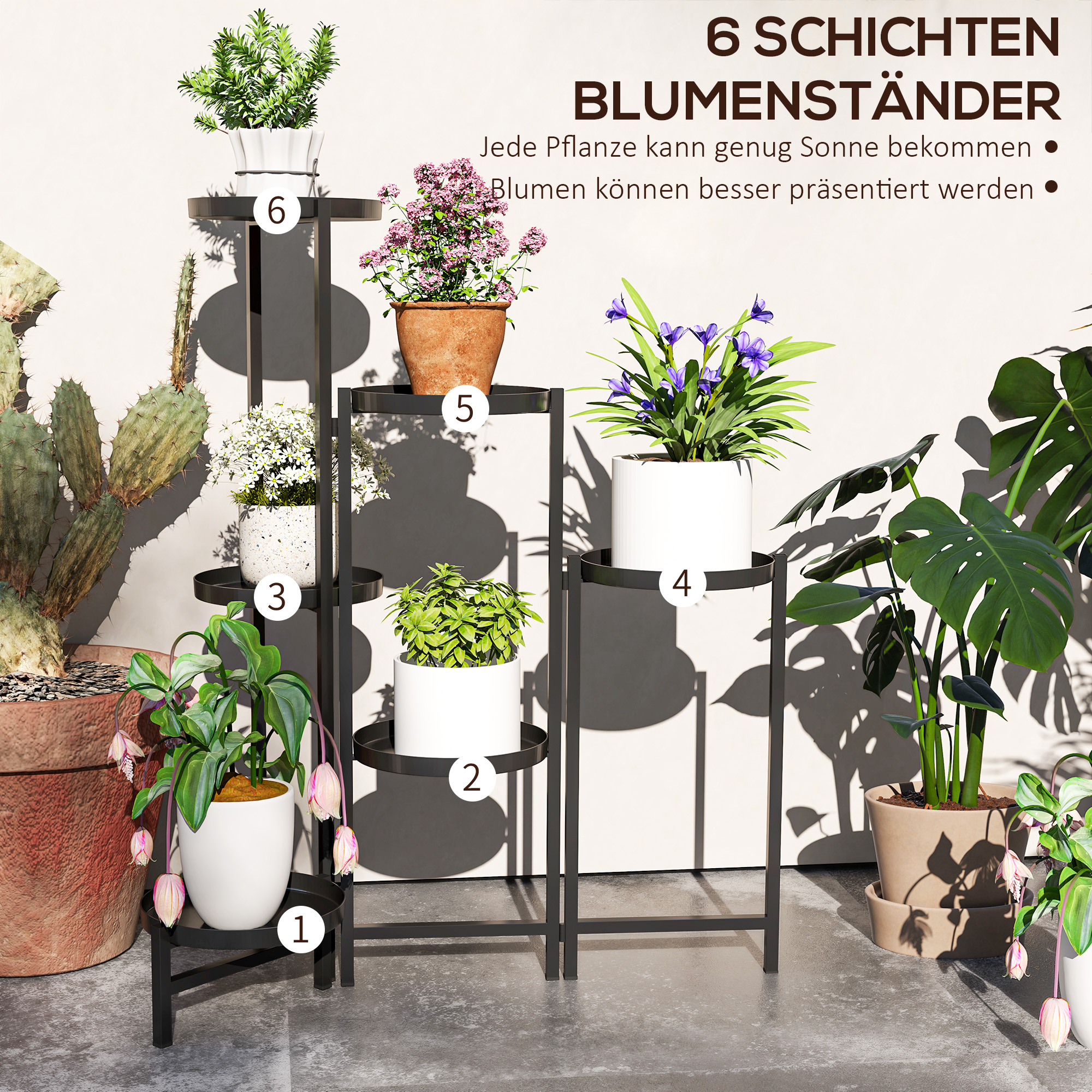 Blumentopfständer, Pflanzenständer mit 6 verstellbaren runden Ebenen, Eckständer für Pflanzentöpfe, Metall, Schwarz