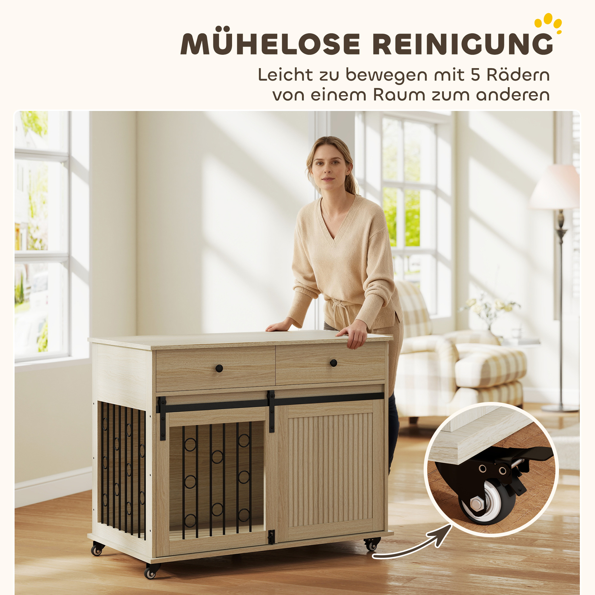 Hundebox auf Rädern, 2 Türen, 2 Schubladen, für mittlere und große Hunde, Holz, Stahl