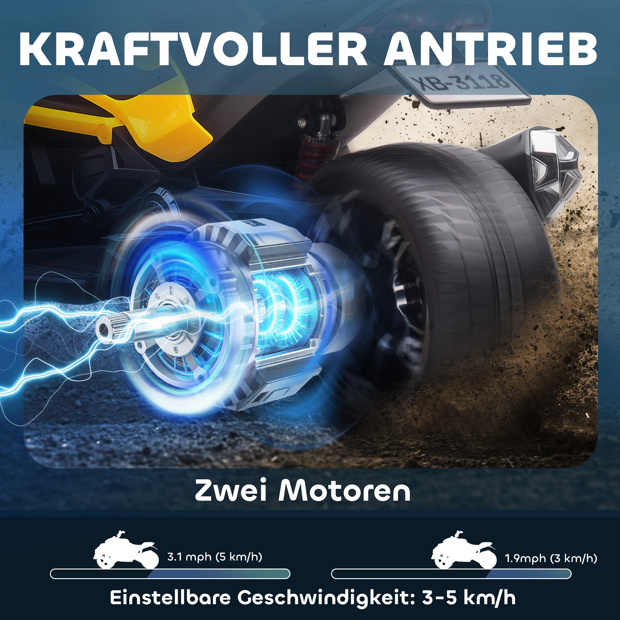 Elektrisches Kinderfahrzeug, Reverse-Dreirad-Design, Batteriebetrieb, MP3-Player, Hupe, 2 Geschwindigkeiten, LED-Lichter, 3-8 Jahre, Gelb