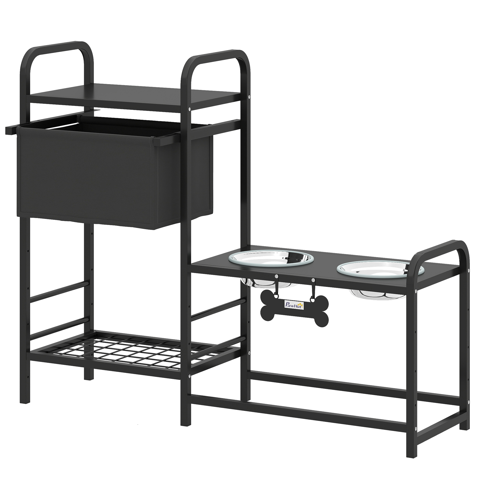 erhöhter Hundenapf Höhenverstellbar Futternapf mit Stauraum Wassernapf 2 x 800ml Edelstahlnäpfen 89,5x27x74 cm Schwarz
