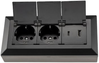 2-fach Steckdosenblock, USB-A+C, schwarz, 250V~/ 16A, USB 3,1A, PD, mit Klappen