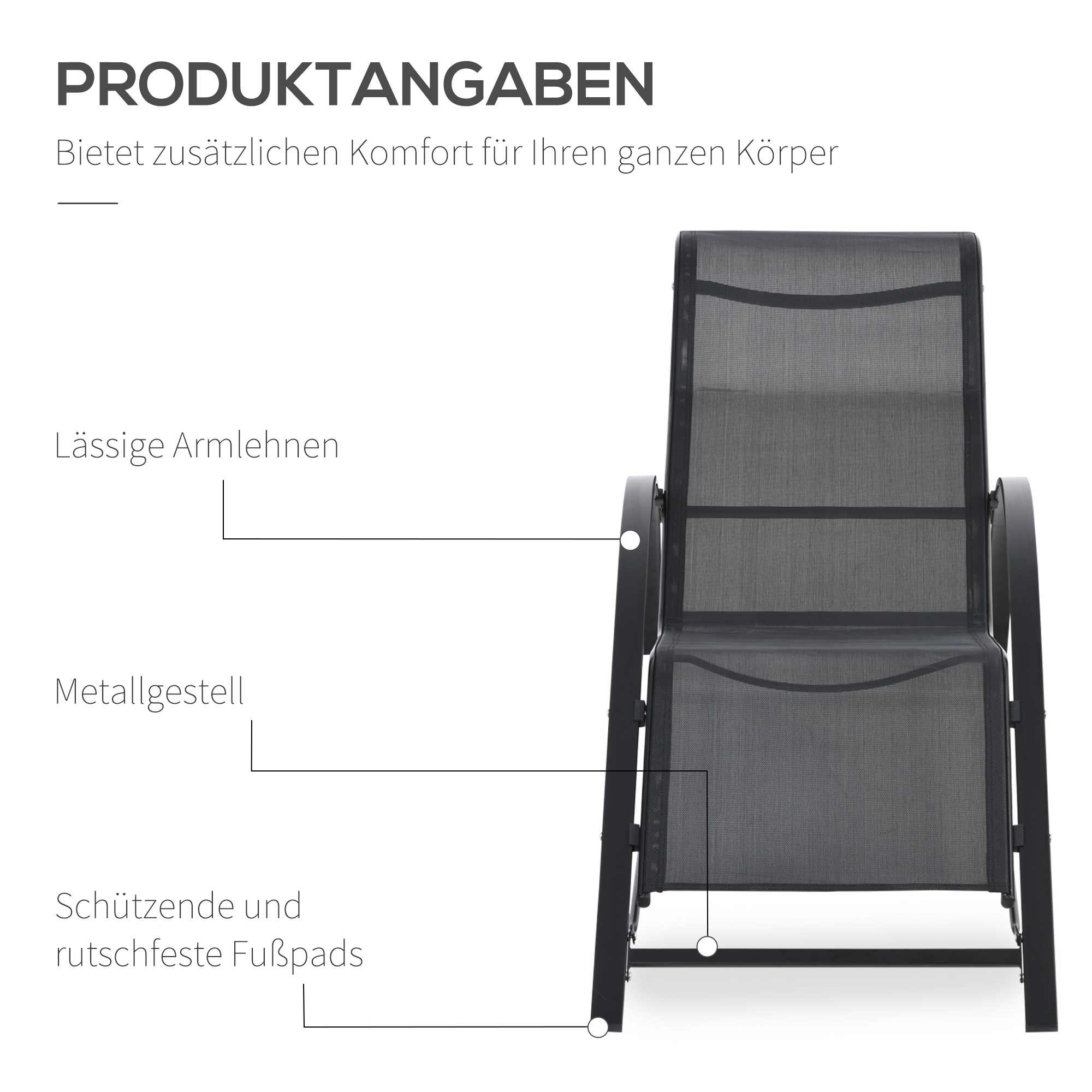 Gartenlounge-Set, 2 Liegen mit Beistelltisch, atmungsaktiver Stoff, stabiler Metallrahmen, Schwarz