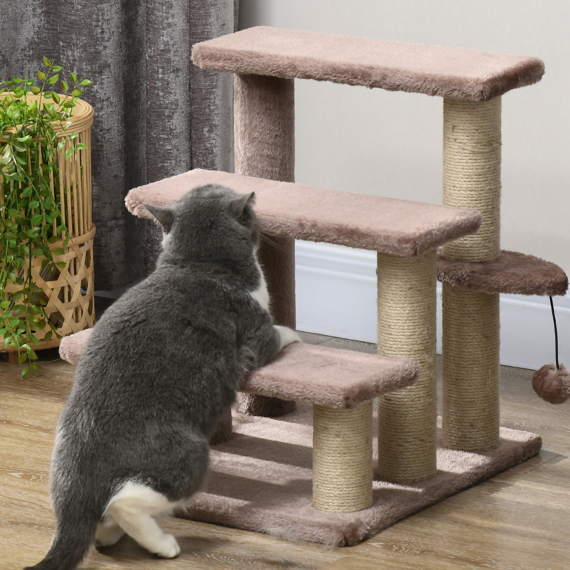 Kratzbaum, Haustiertreppe, 3 Stufen, Spielball, bis 5 kg, 45x40x48cm, Braun