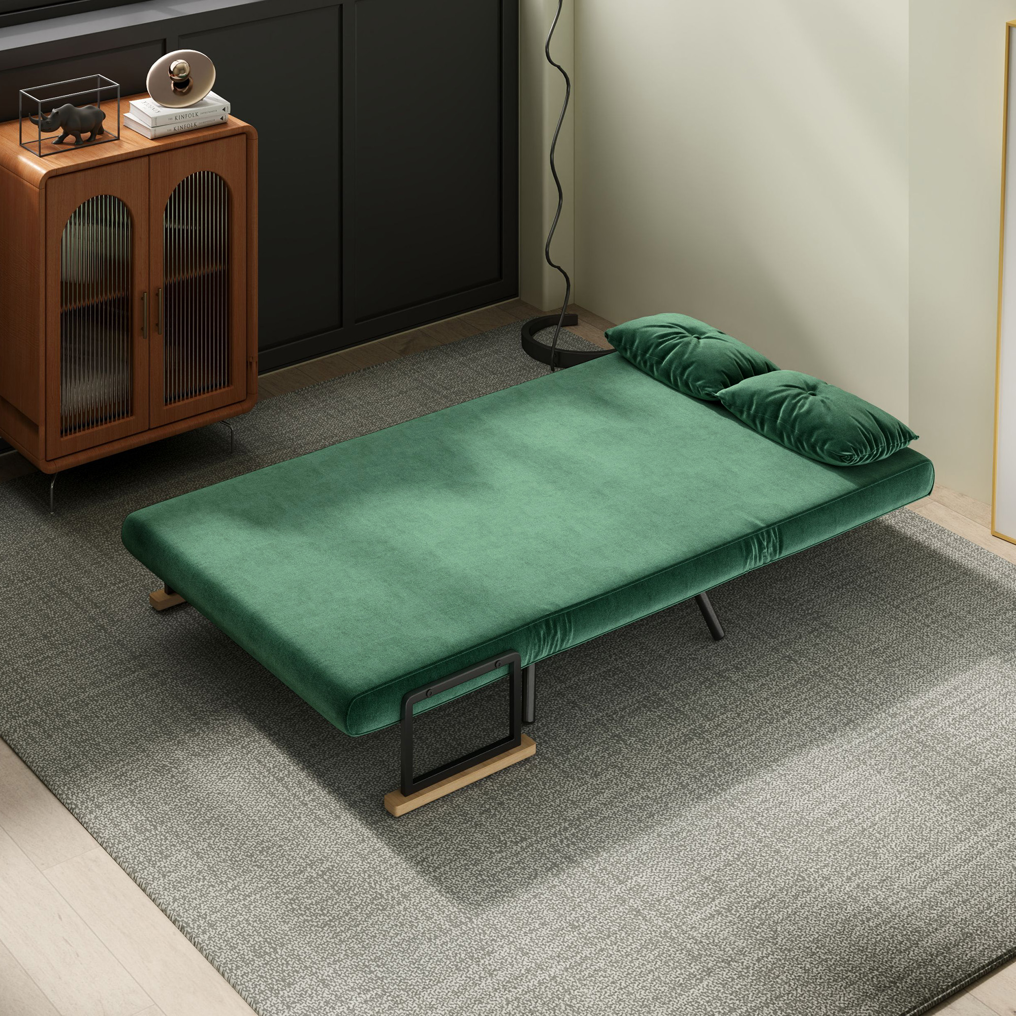 Schlafsofa 2er-Sofa Samtsofa, Schlaffunktion, inkl. 2 Kissen, Samtoptik, Natur + Grün