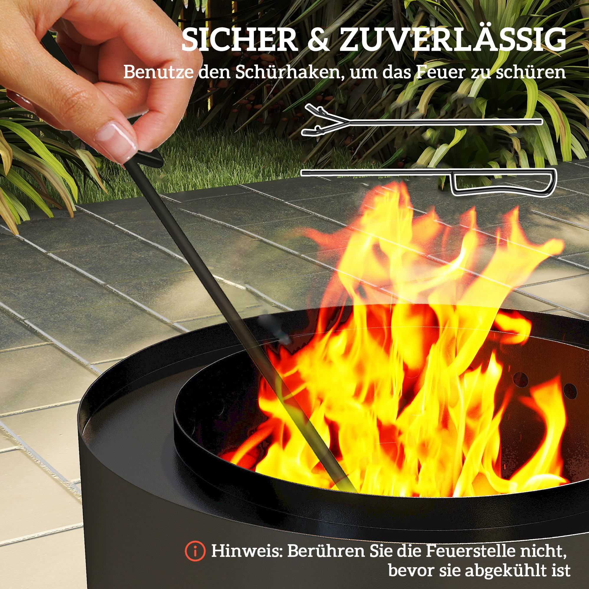 Feuerschale Ø45x42cm aus Edelstahl Feuerstelle mit Schürhaken Aschenwanne Schwarz